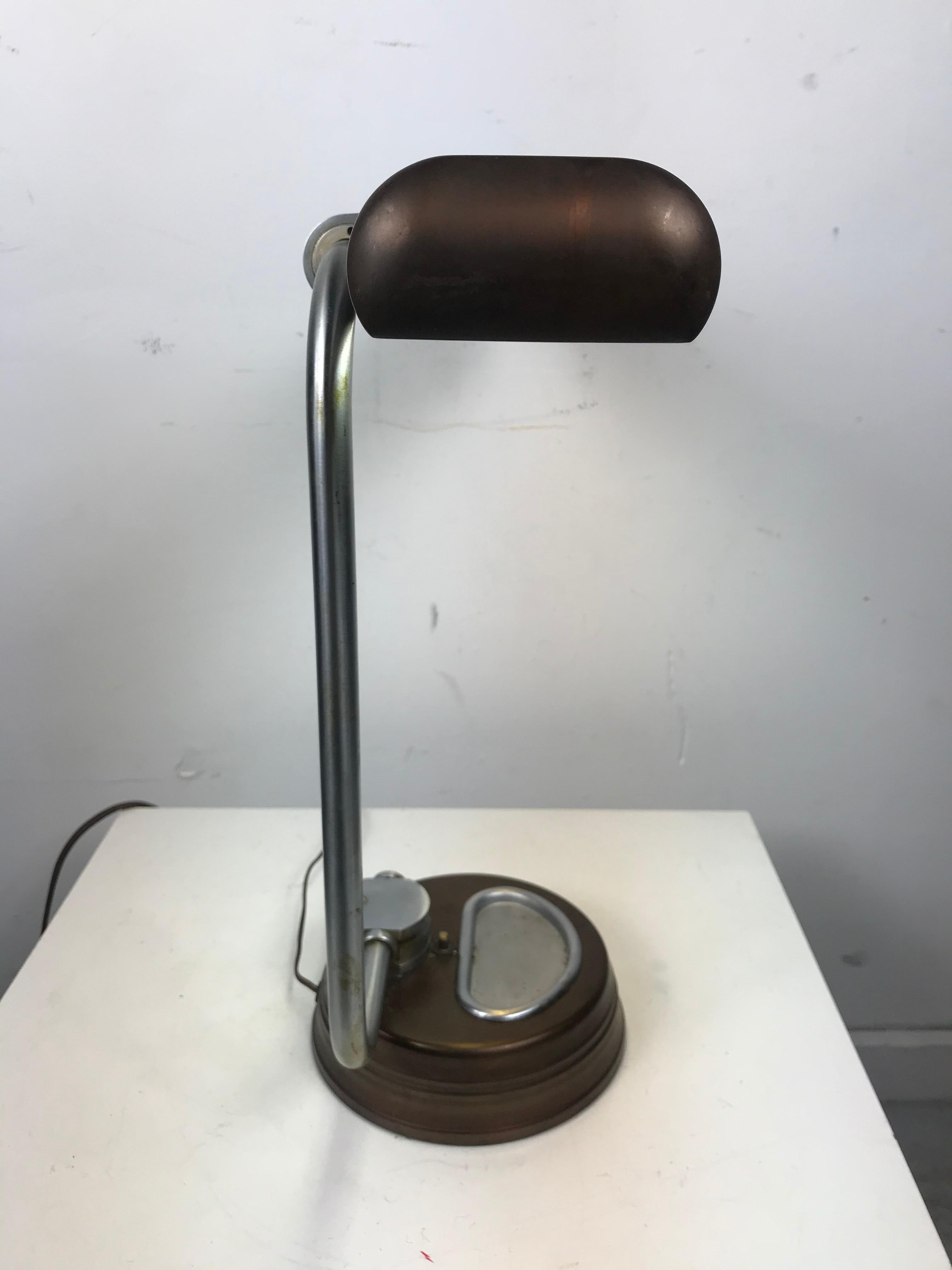 Modernist, Machine Age Stainless Steel / Metal Industrial Desk Lamp, Art Deco In Good Condition For Sale In Buffalo, NY