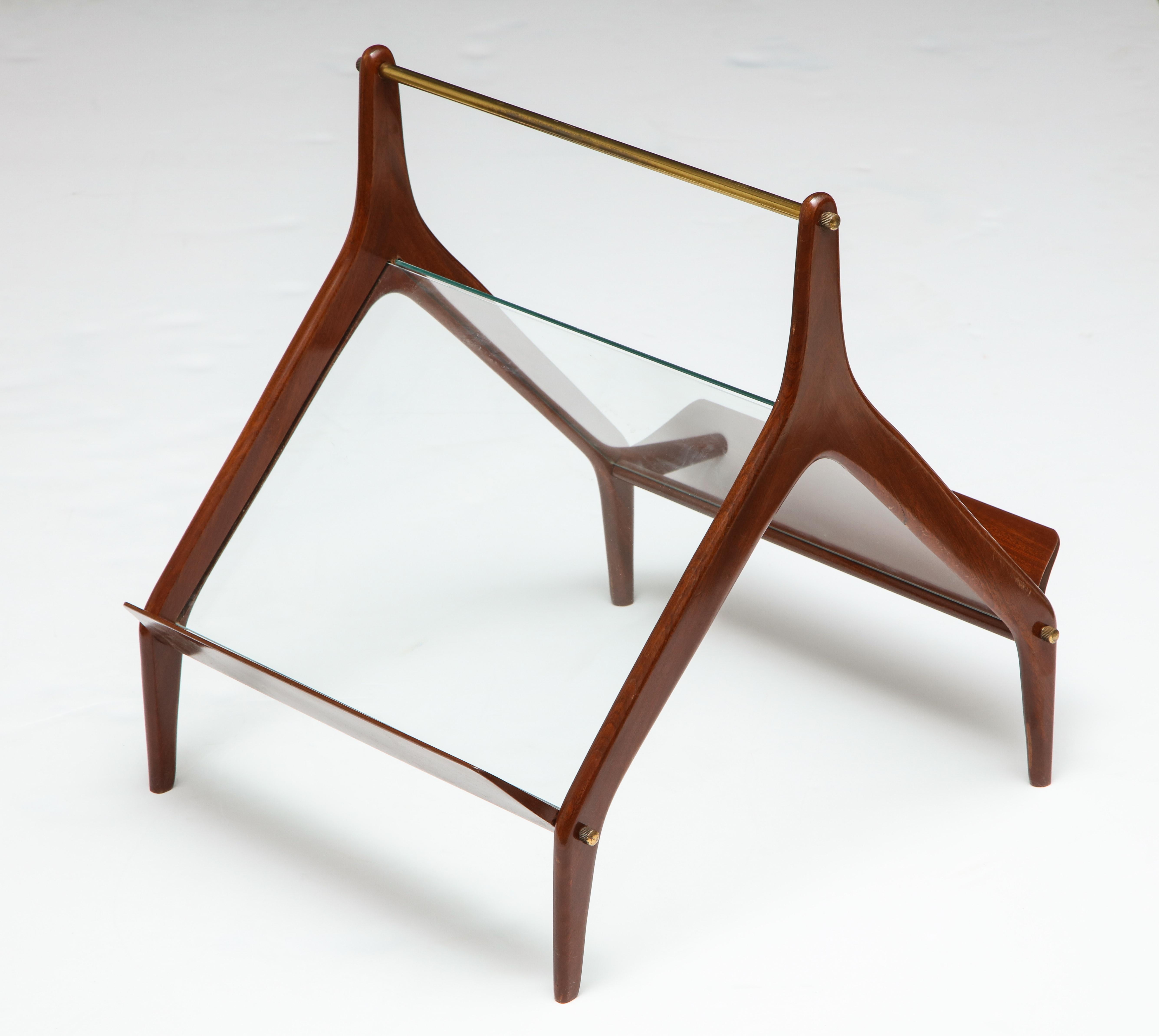 Mahogany and glass magazine rack
Refinished
Brass accent,
Italy, 1950s.