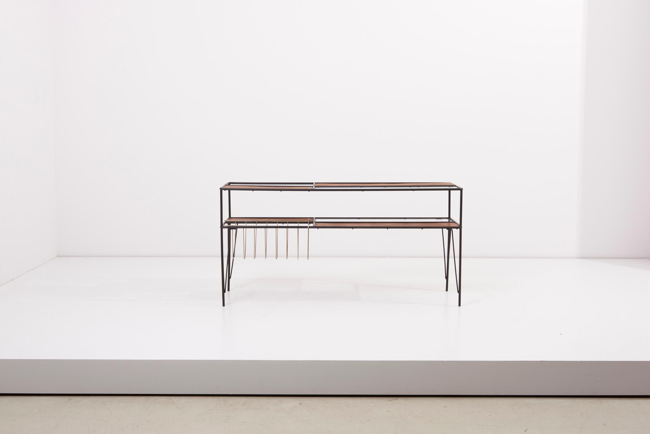 Mid-Century Modern Modernist Magazine Rack or Side Coffee Table in Metal, Wood and Glass, US 1950s