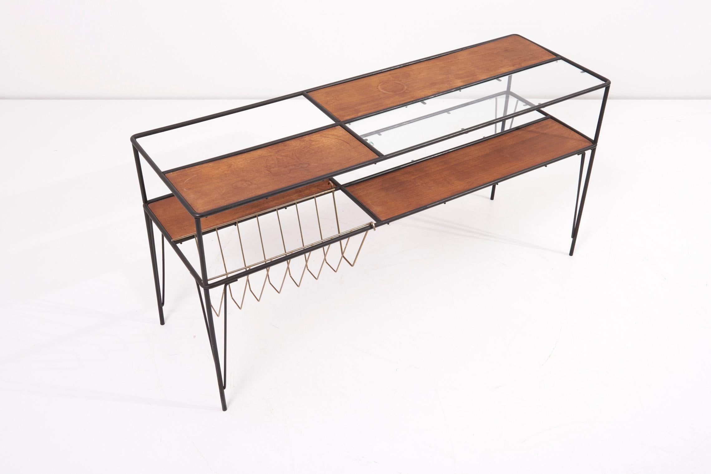 Mid-20th Century Modernist Magazine Rack or Side Coffee Table in Metal, Wood and Glass, US 1950s For Sale