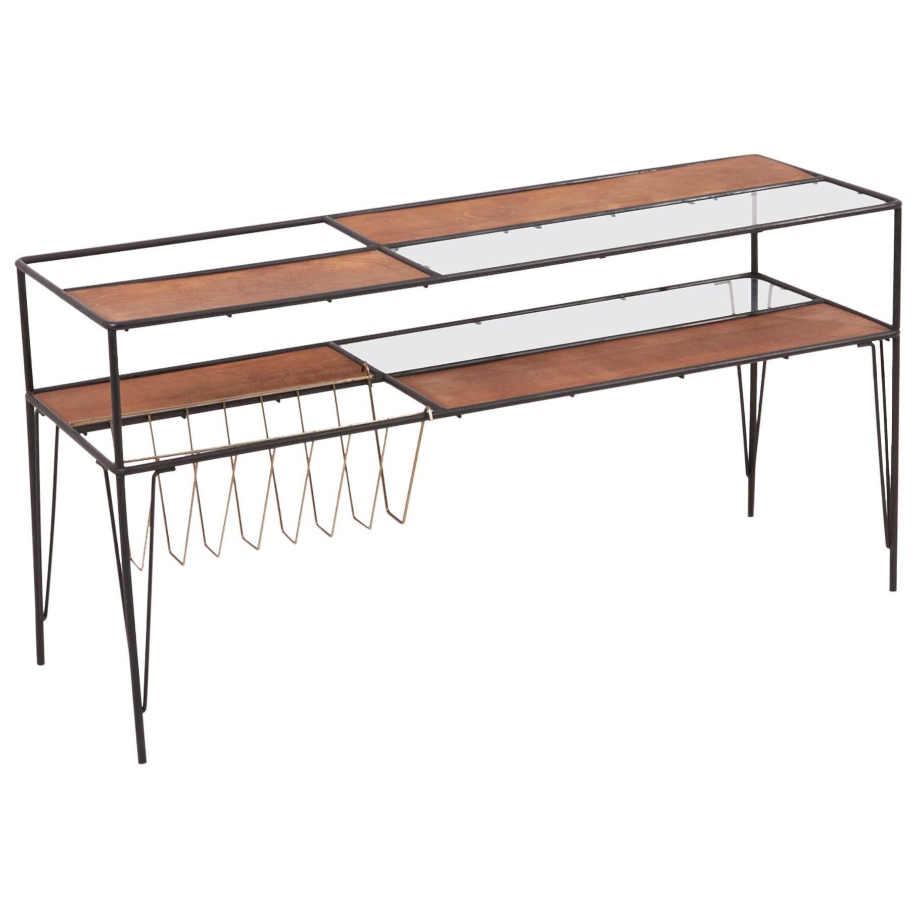 Modernist Magazine Rack or Side Coffee Table in Metal, Wood and Glass, US 1950s For Sale