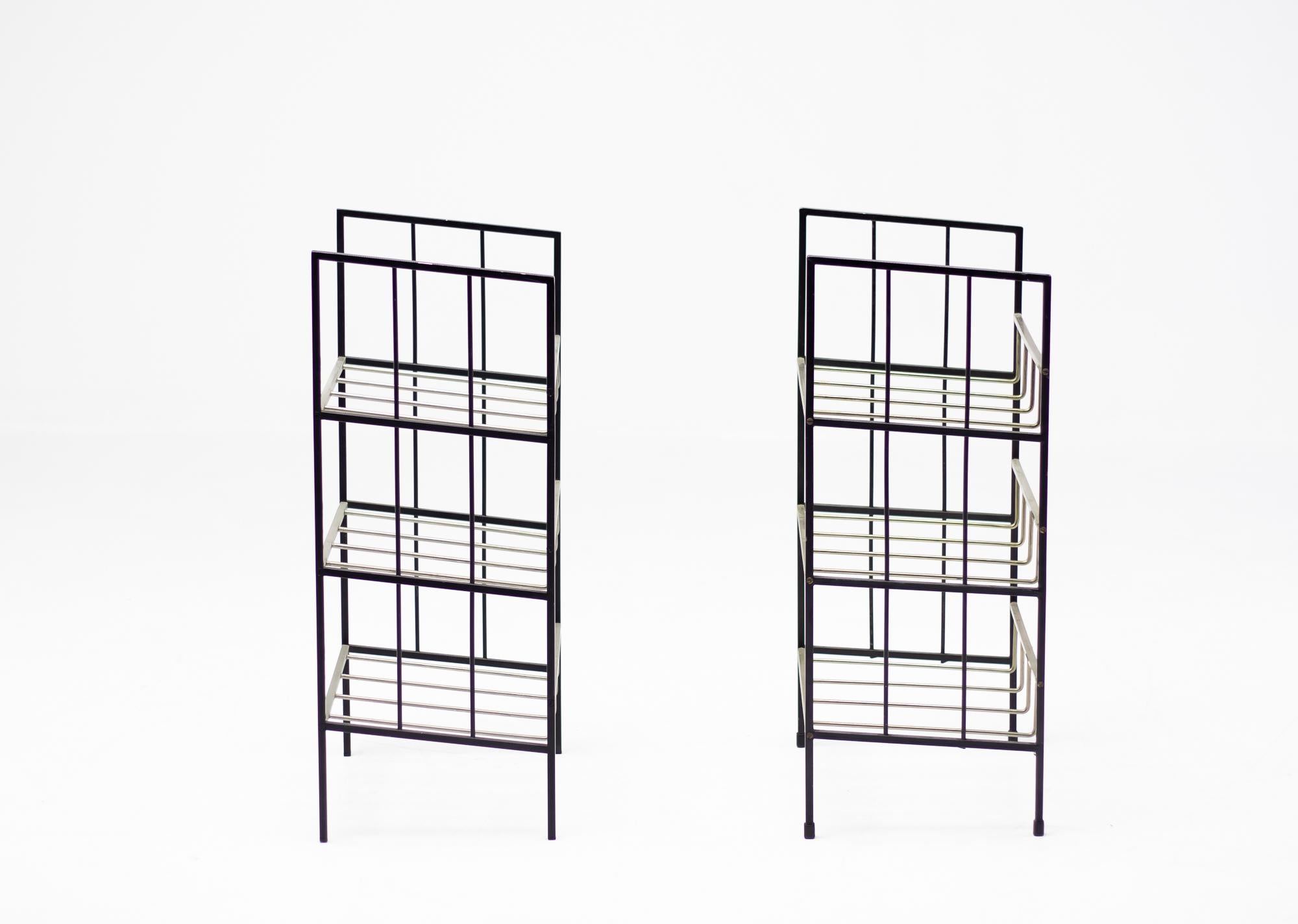 Modernist magazine / sheet music stand in the manner of Ernst Rockhausen & Söhne. 
Black steel frame with nickel plated bars to carry your magazines. 
Elegant piece with original patina, would be both a practical as a decorative element in any
