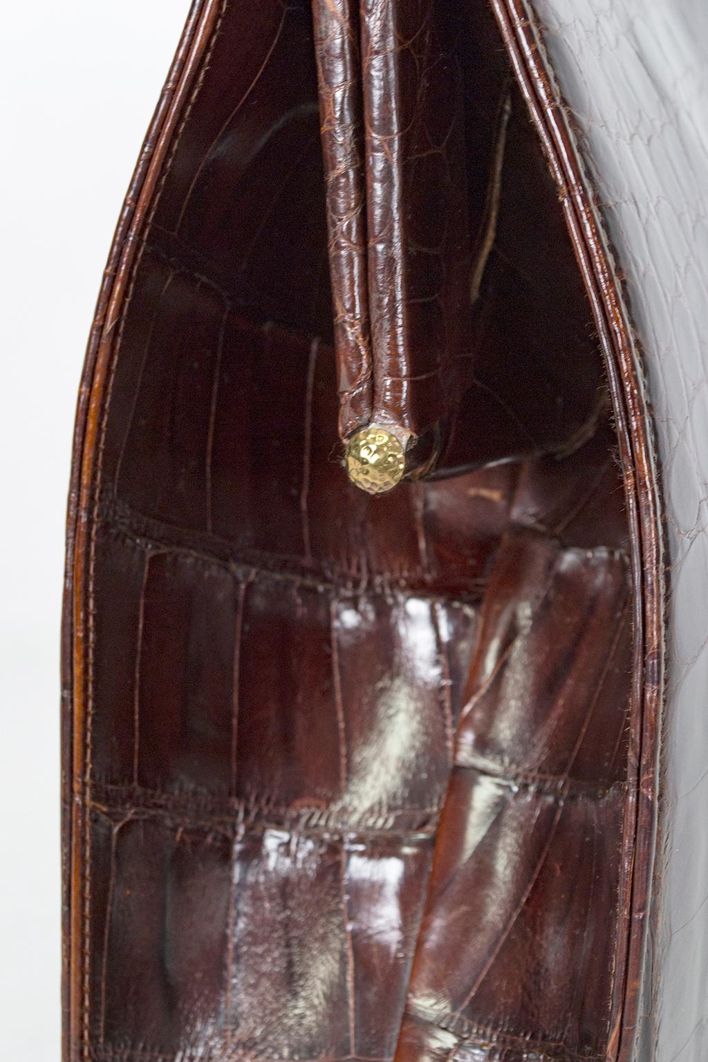 Gray Modernist Mahogany Gloss Geometric Center Cut Medium Alligator Handbag, 1950s For Sale