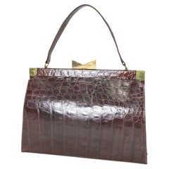Modernist Mahogany Brown Gloss Geometric Alligator Medium-Large Handbag, 1950s