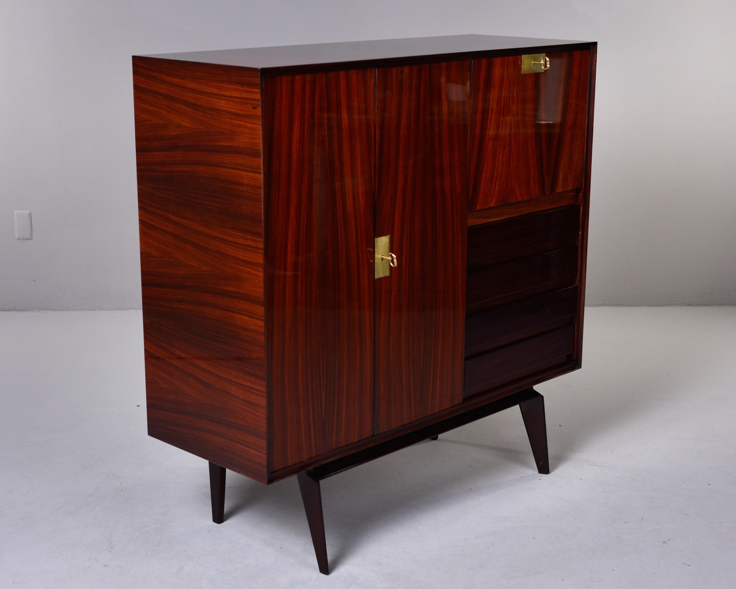 Brass Modernist Mahogany Cabinet with Pull Down Bar