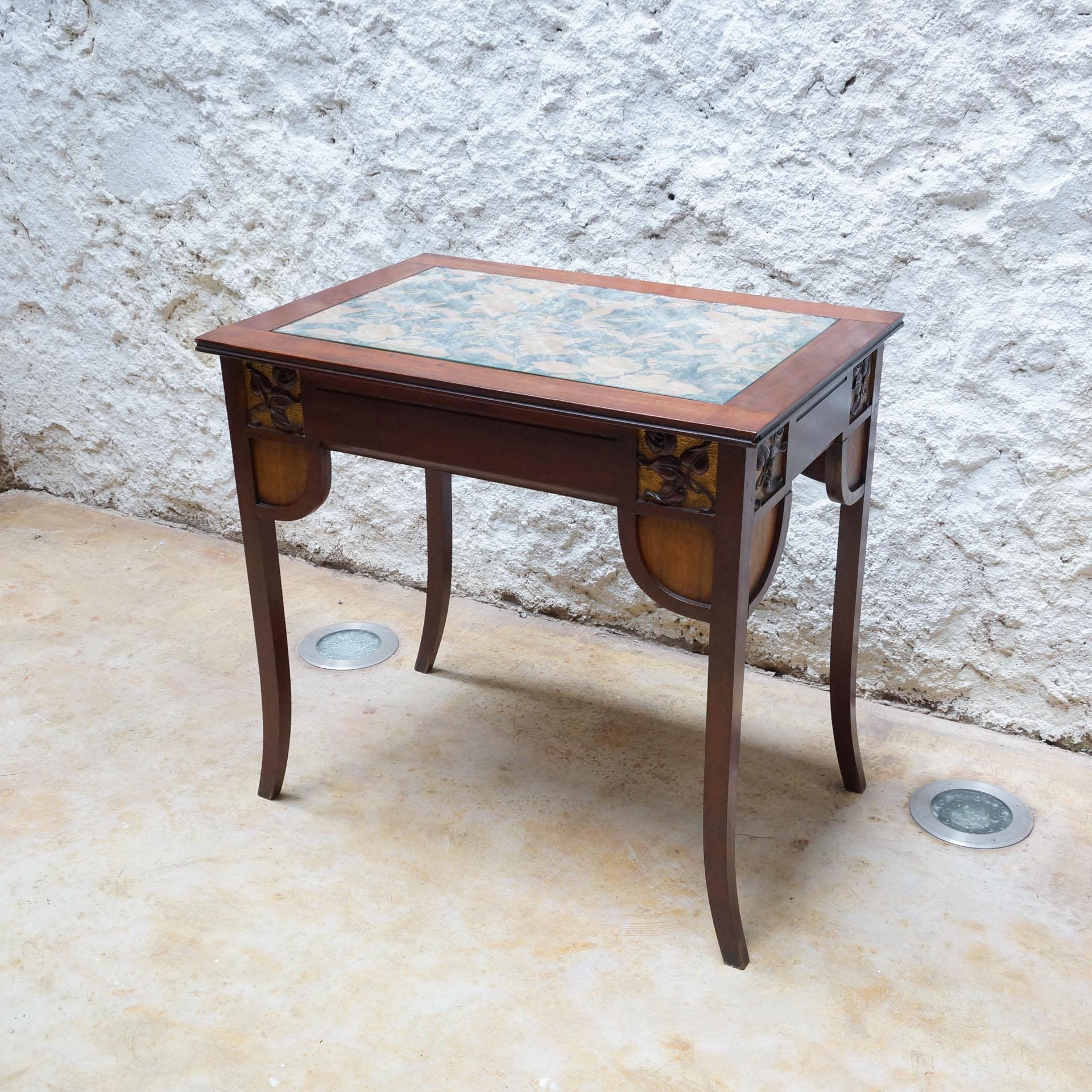 Other Modernist Wood Table with Upholstered Top