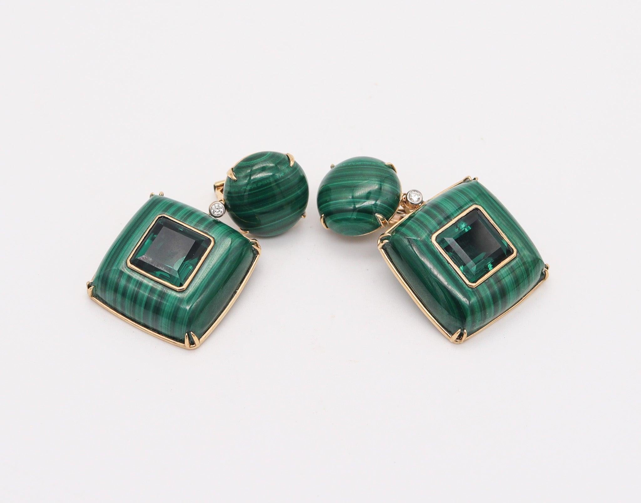 Moderno Orecchini pendenti di malachite MODERNIST in oro 18Kt con diamanti e quarzi in vendita