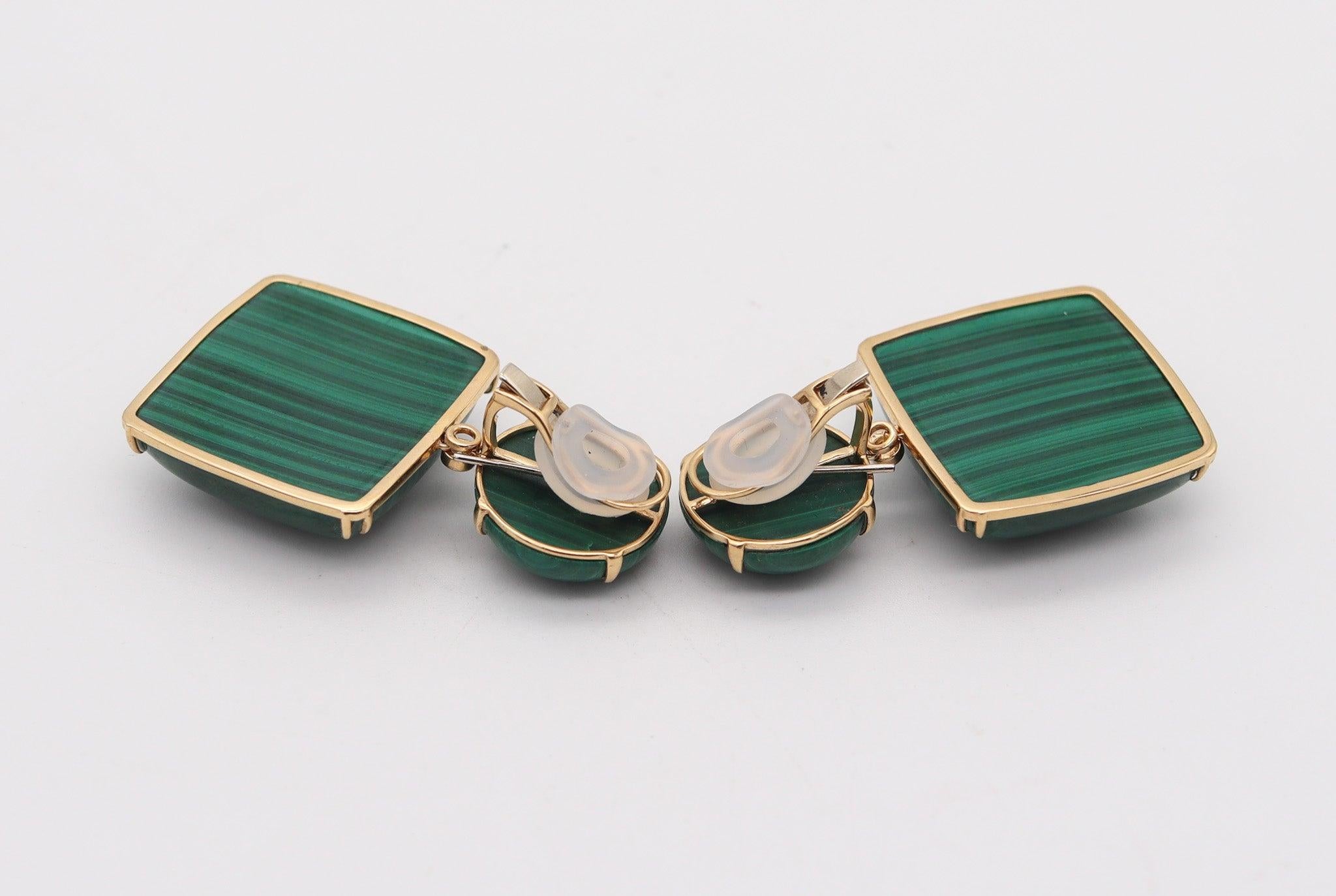 Orecchini pendenti di malachite MODERNIST in oro 18Kt con diamanti e quarzi In condizioni ottime in vendita a Miami, FL