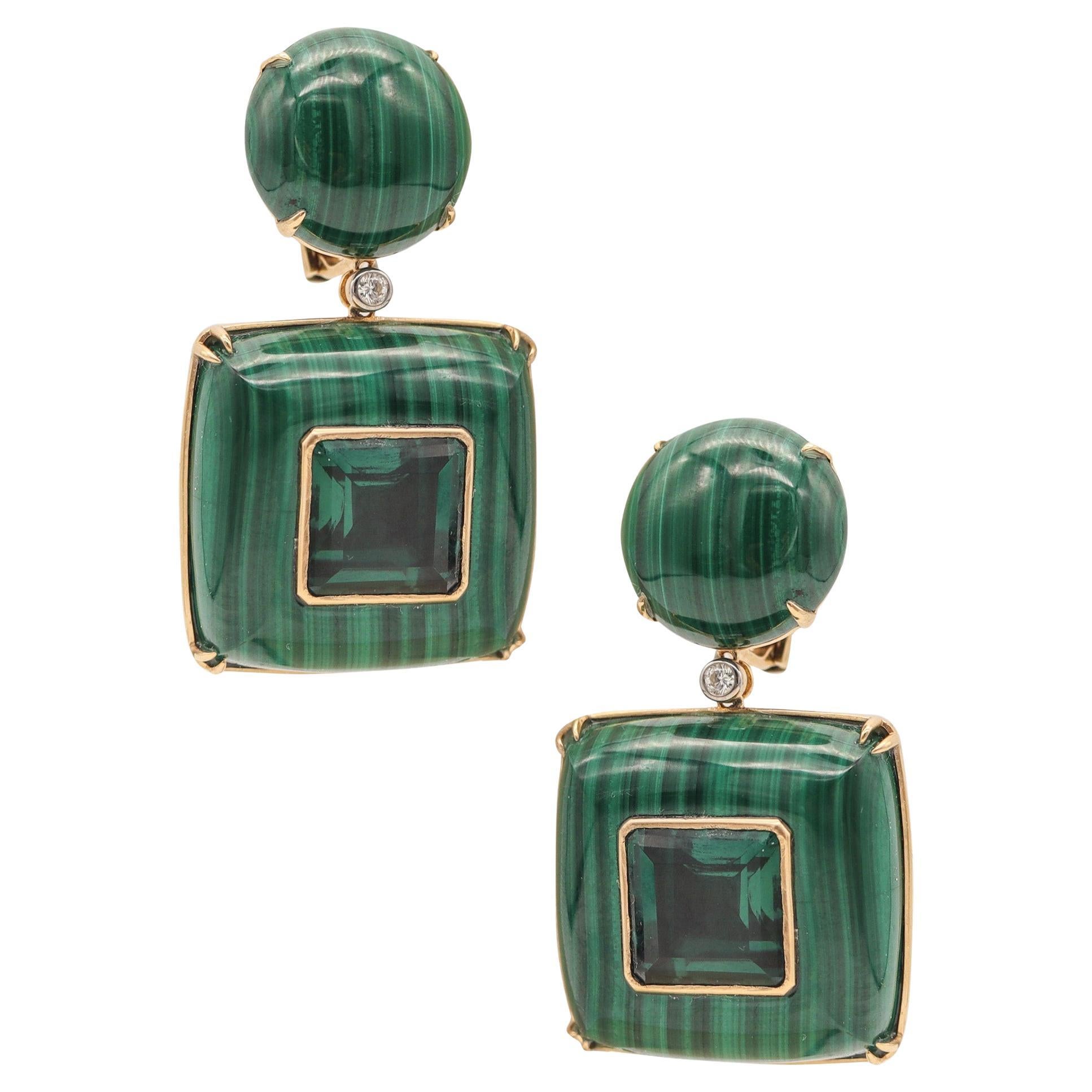 MODERNISTA Pendientes Colgantes de Malaquita en Oro de 18 Kt con Diamantes y Cuarzos