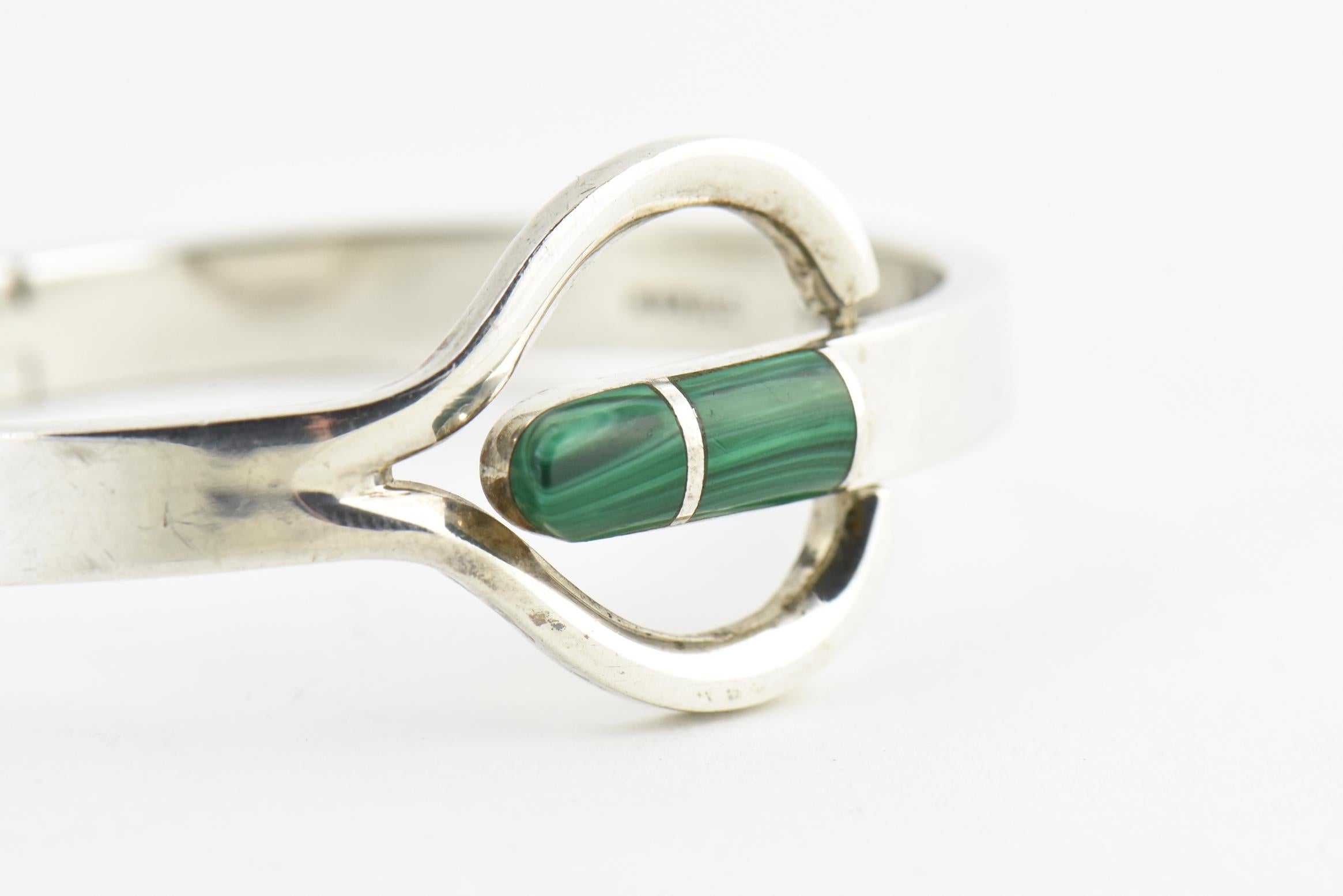 Mixed Cut Modernist Malachite Sterling Silver Bangle Bracelet For Sale