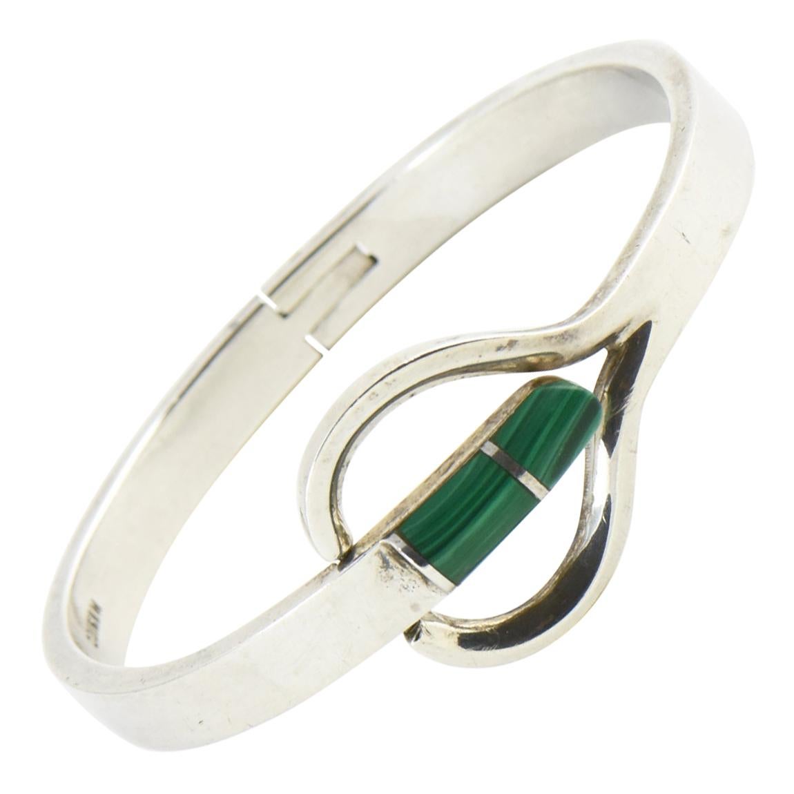 Modernist Malachite Sterling Silver Bangle Bracelet For Sale