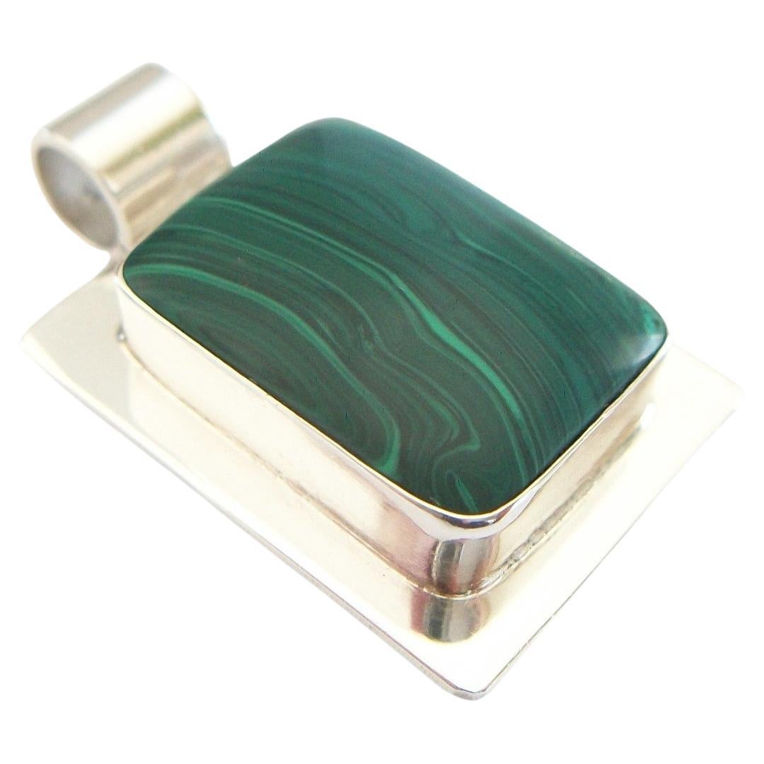 Modernist Malachite and Sterling Silver Pendant, Mexico, Late 20th Century For Sale