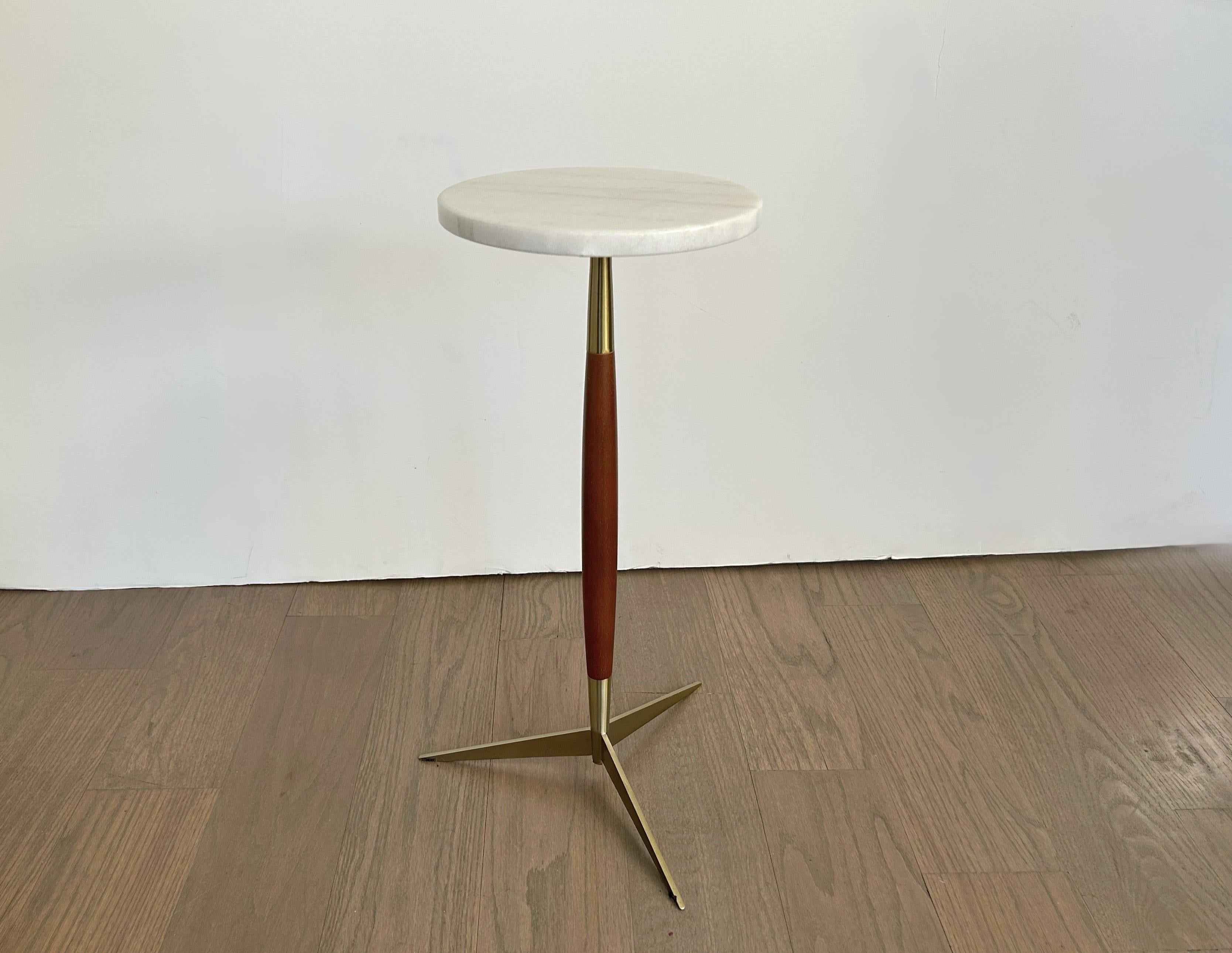 20th Century Modernist Marble Top Walnut & Brass Tripod Martini Table