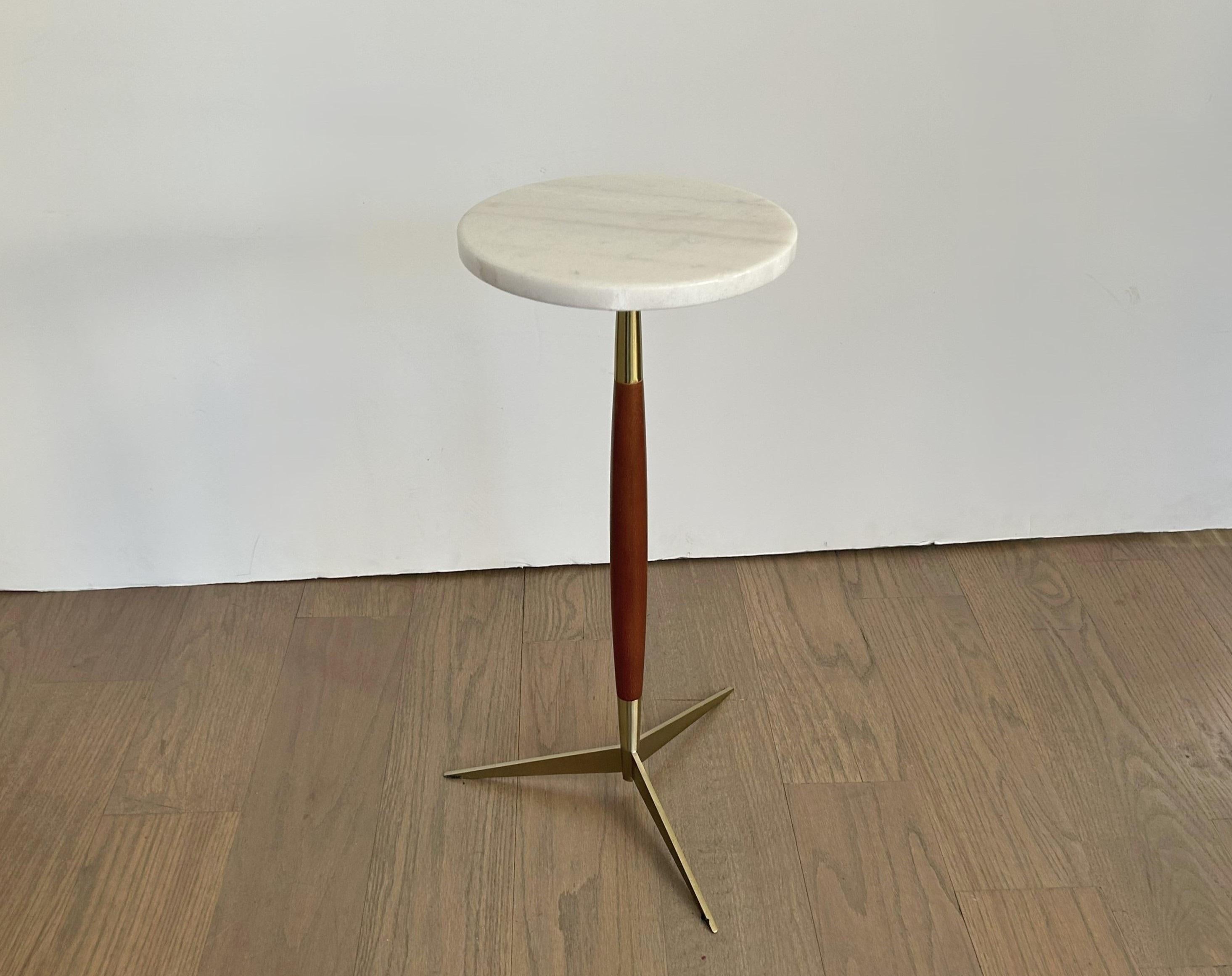 Modernist Marble Top Walnut & Brass Tripod Martini Table 1