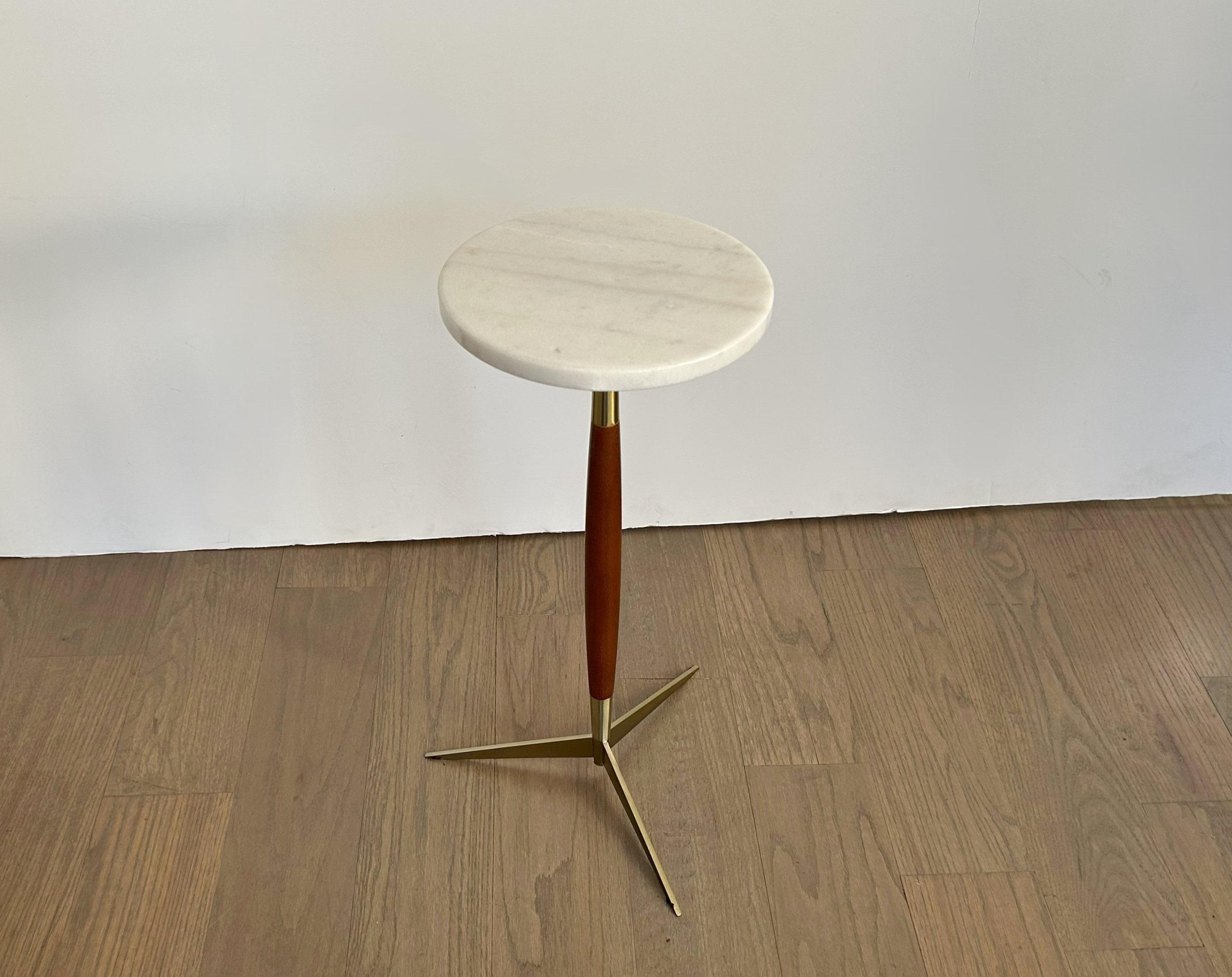 Modernist Marble Top Walnut & Brass Tripod Martini Table 2