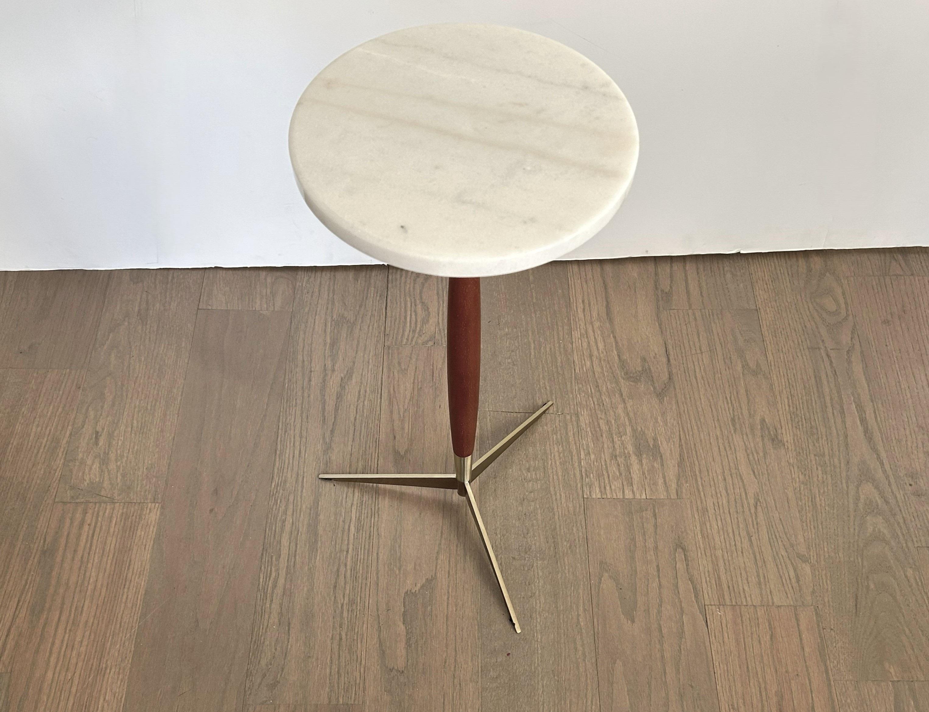 Modernist Marble Top Walnut & Brass Tripod Martini Table 4