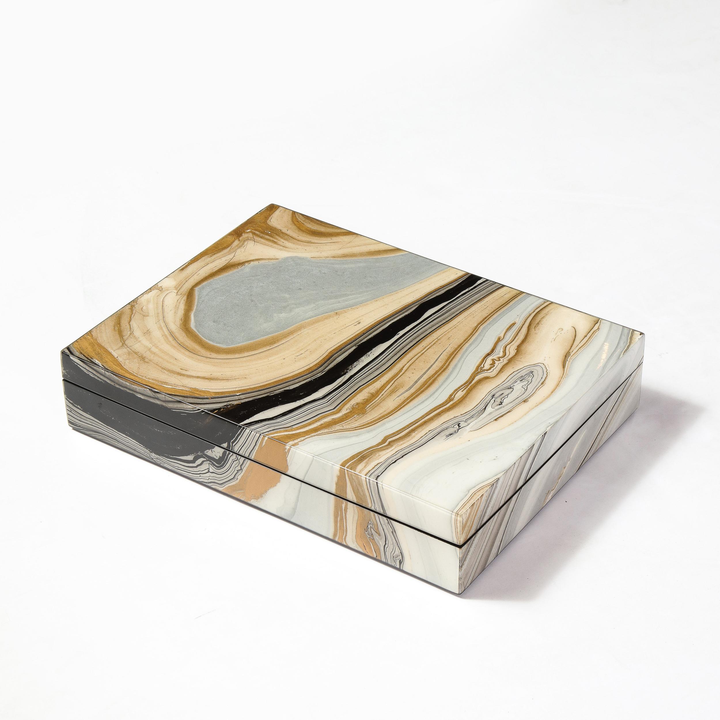 Modernist Marbled Lacquer Rectangular Box with Felt Interior In Excellent Condition In New York, NY