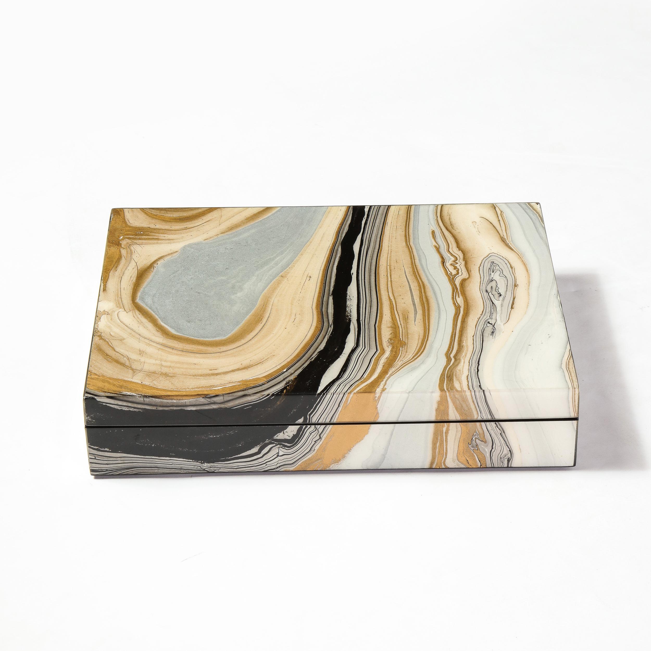 Contemporary Modernist Marbled Lacquer Rectangular Box with Felt Interior