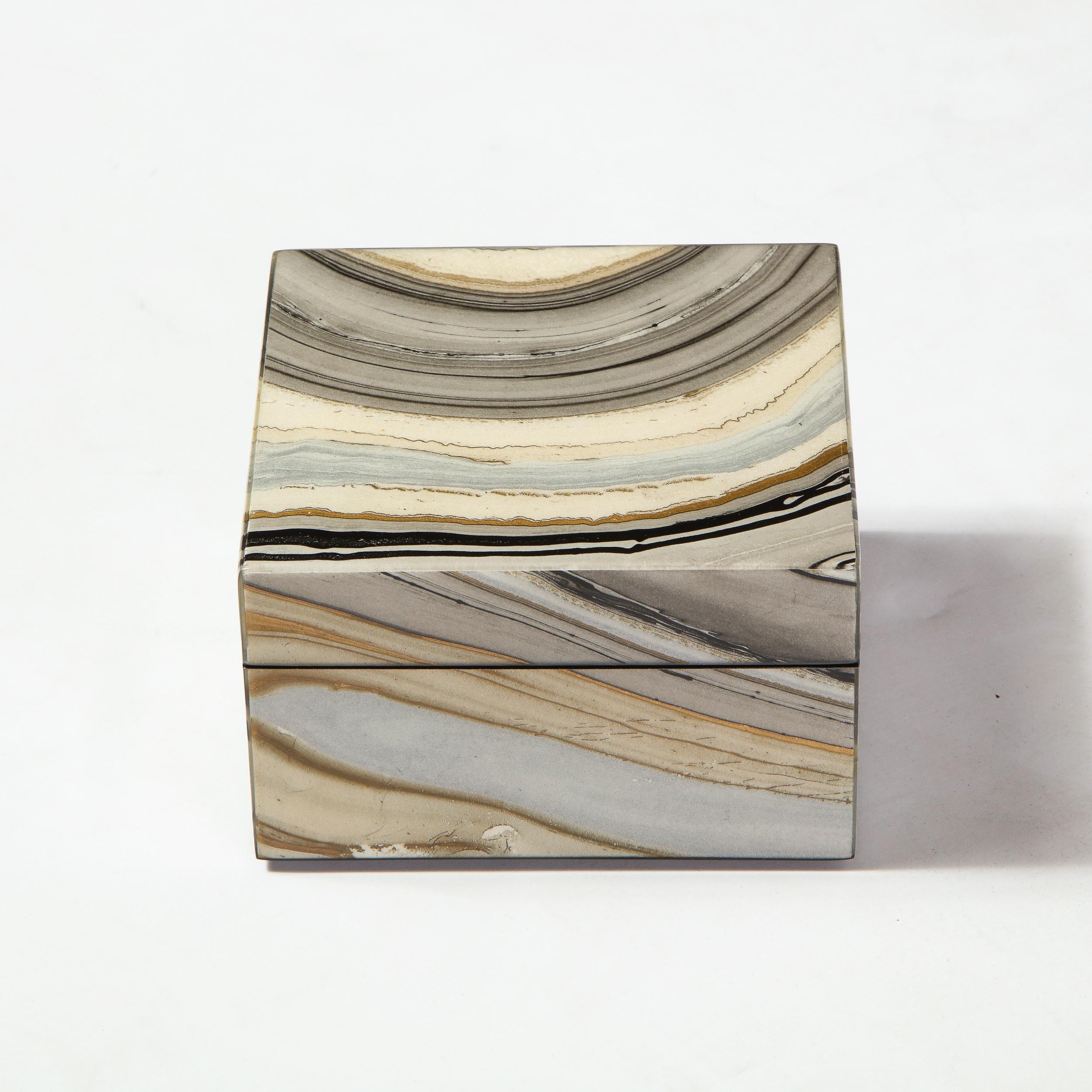 Modernist Marbled Lacquer Volumetric Square Box with Felt Interior 6