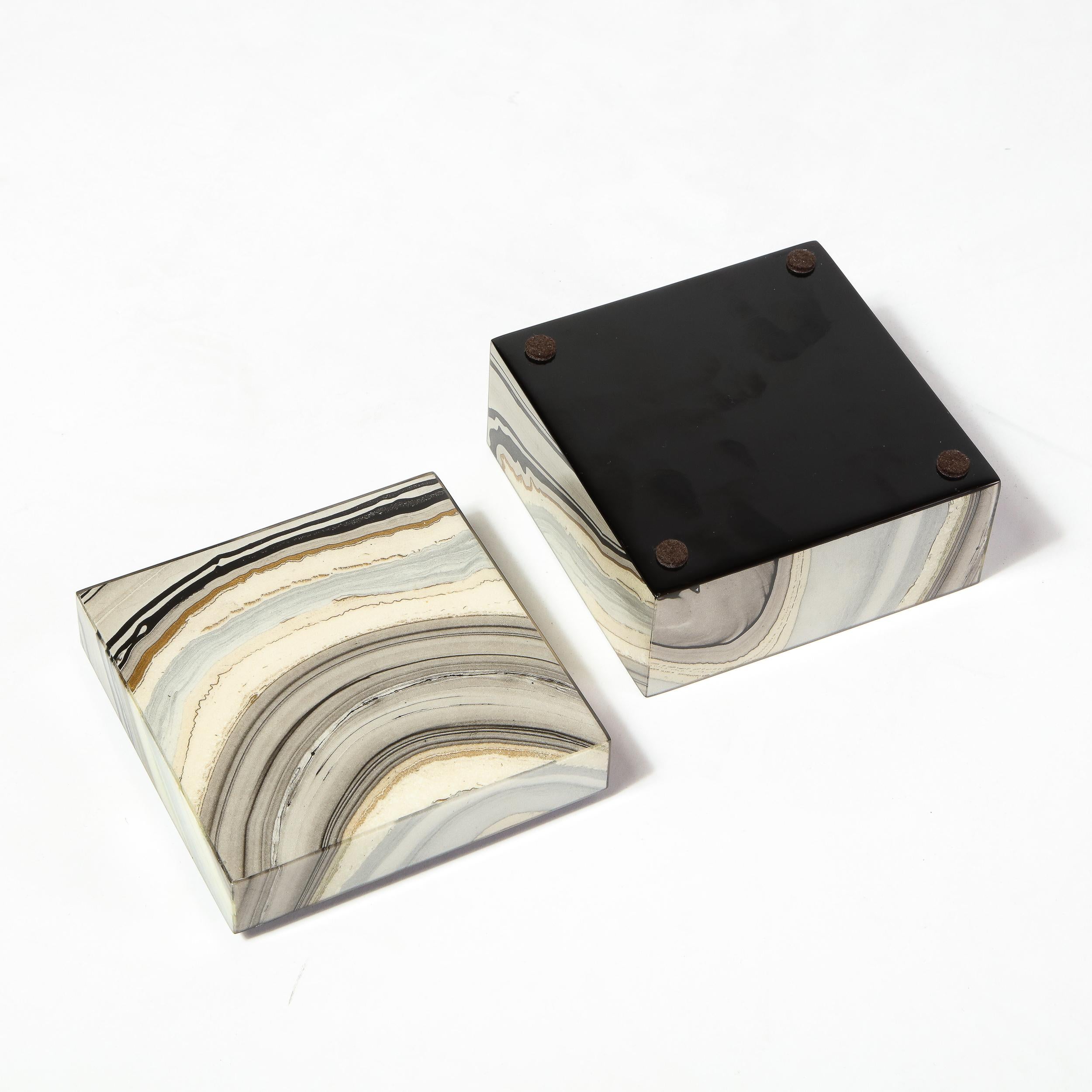 Modernist Marbled Lacquer Volumetric Square Box with Felt Interior 10