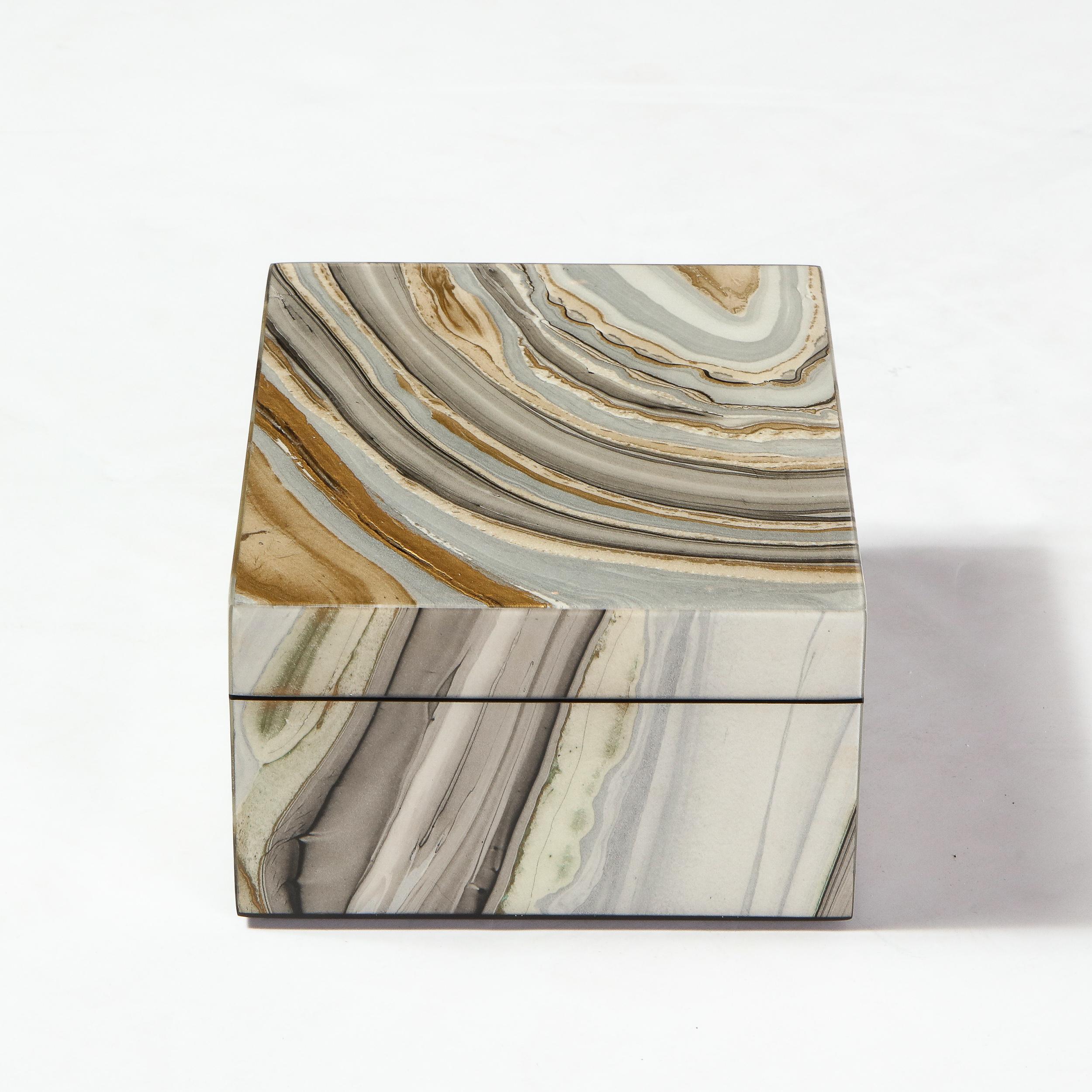 Vietnamese Modernist Marbled Lacquer Volumetric Square Box with Felt Interior