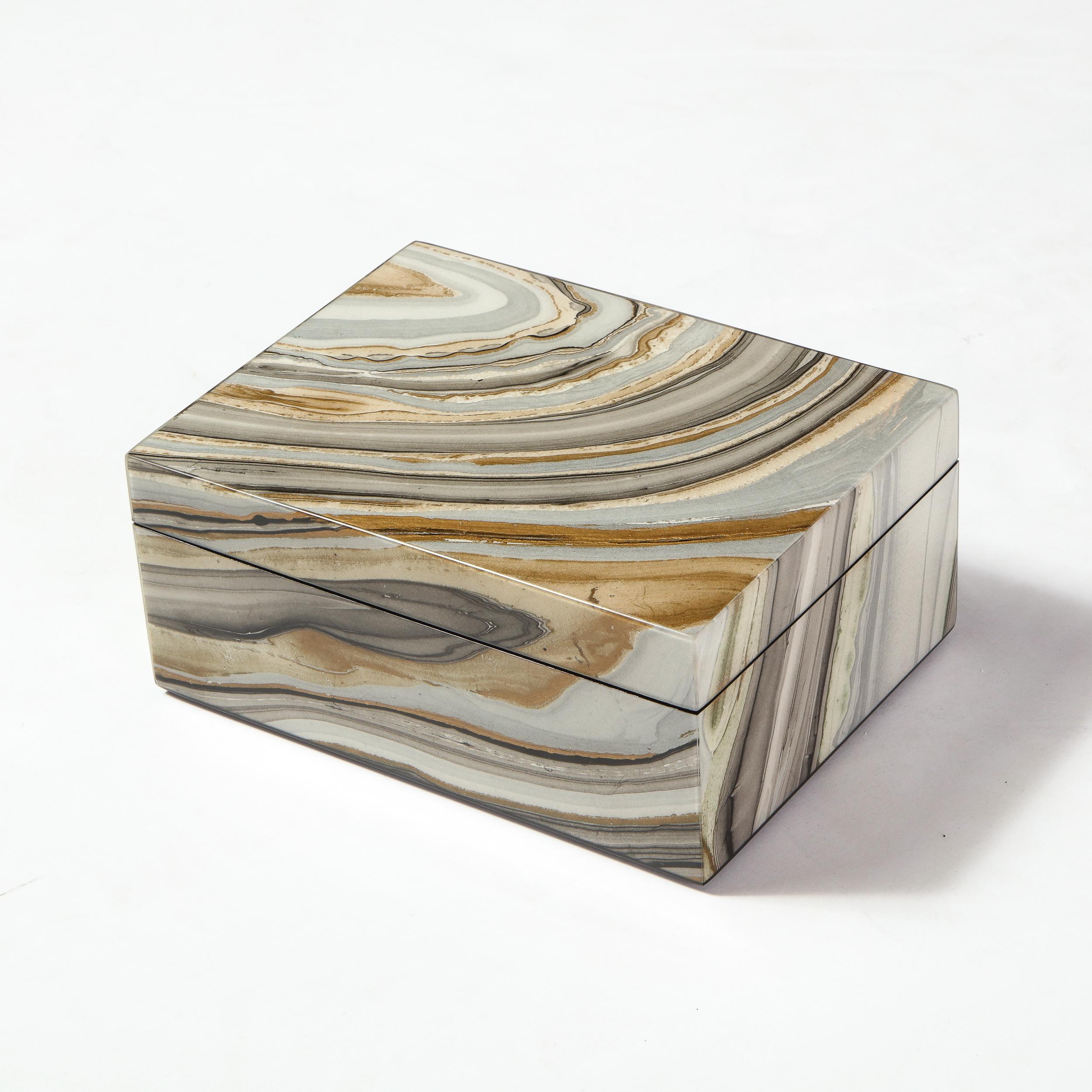 Modernist Marbled Lacquer Volumetric Square Box with Felt Interior In Excellent Condition In New York, NY