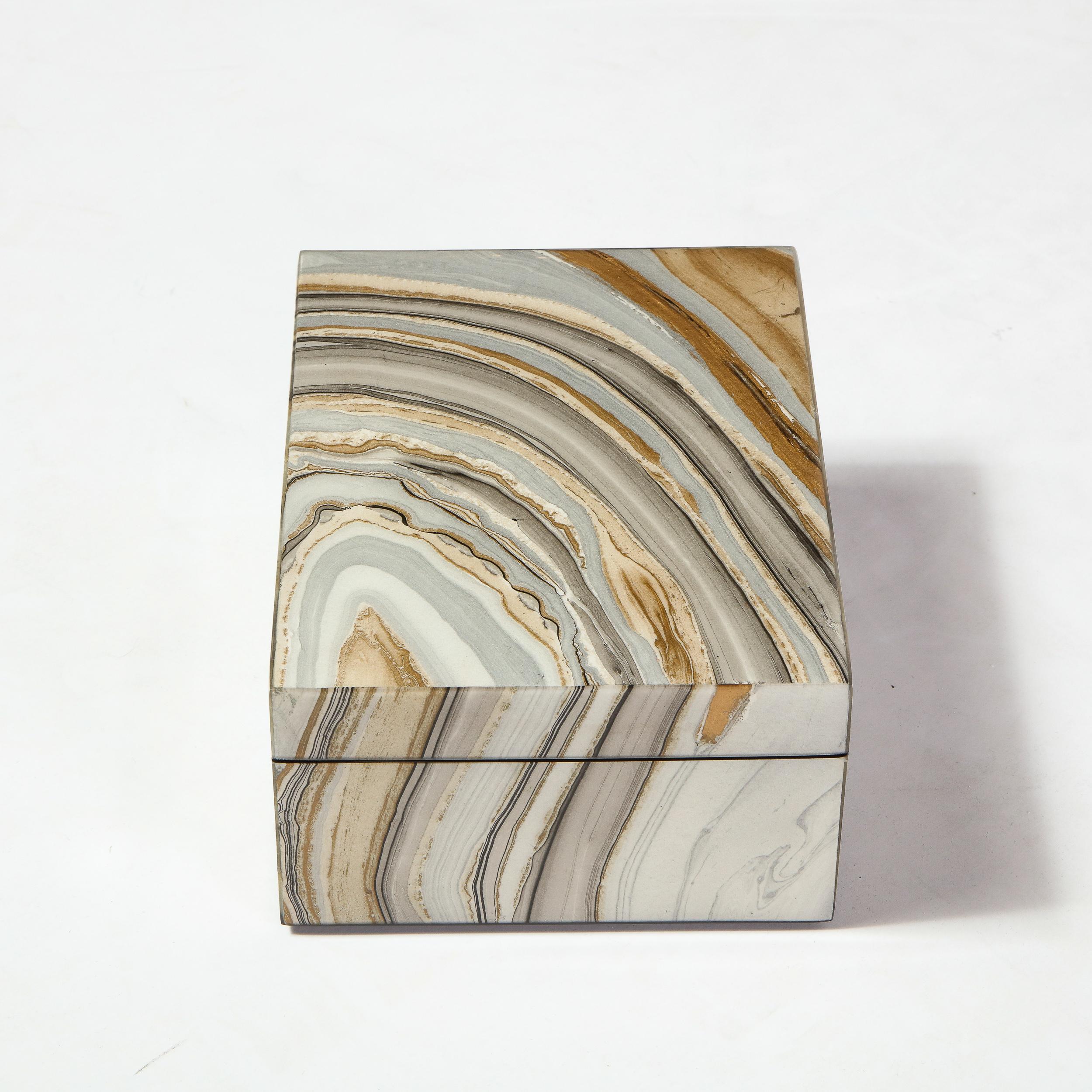 Contemporary Modernist Marbled Lacquer Volumetric Square Box with Felt Interior
