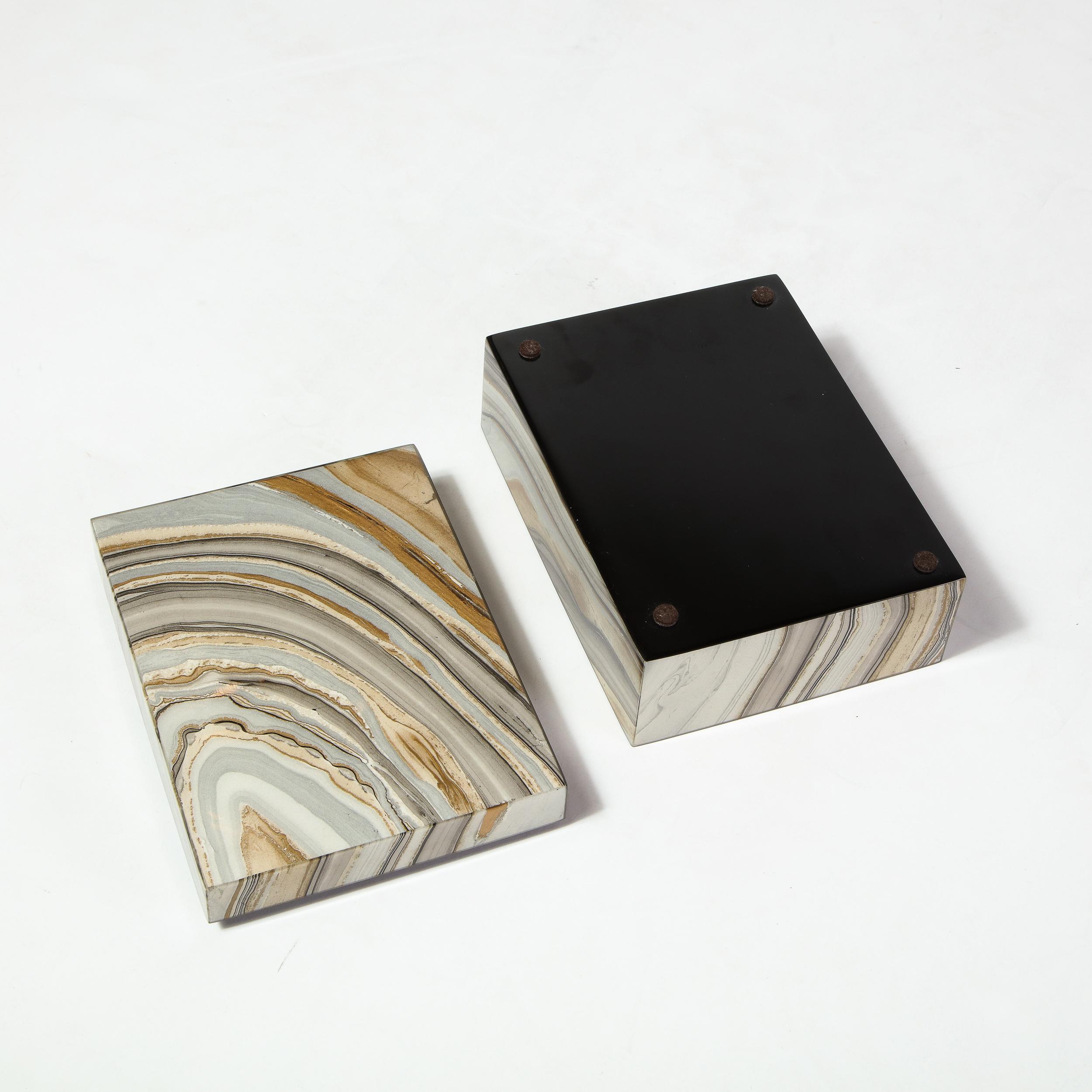 Modernist Marbled Lacquer Volumetric Square Box with Felt Interior 2