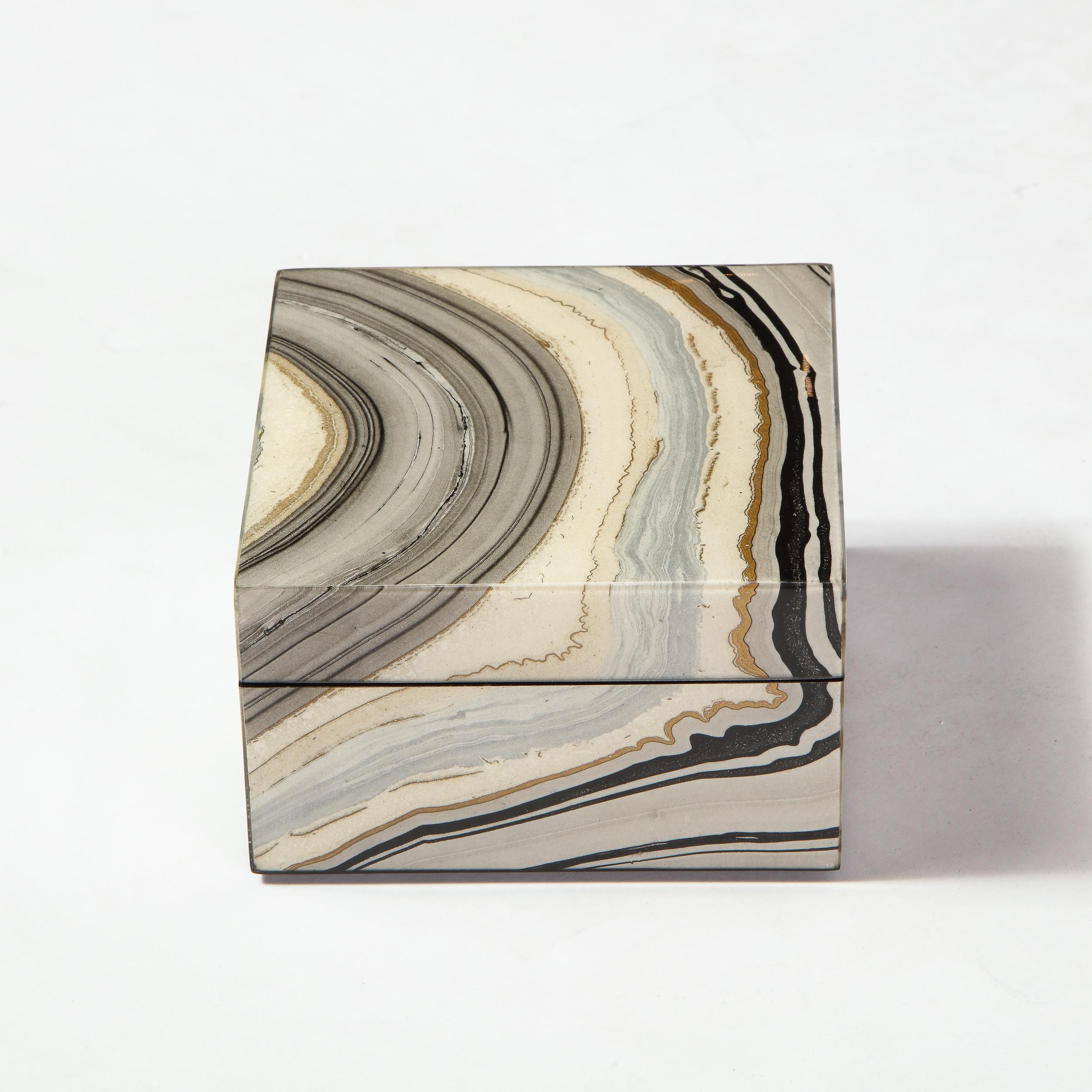 Modernist Marbled Lacquer Volumetric Square Box with Felt Interior 4