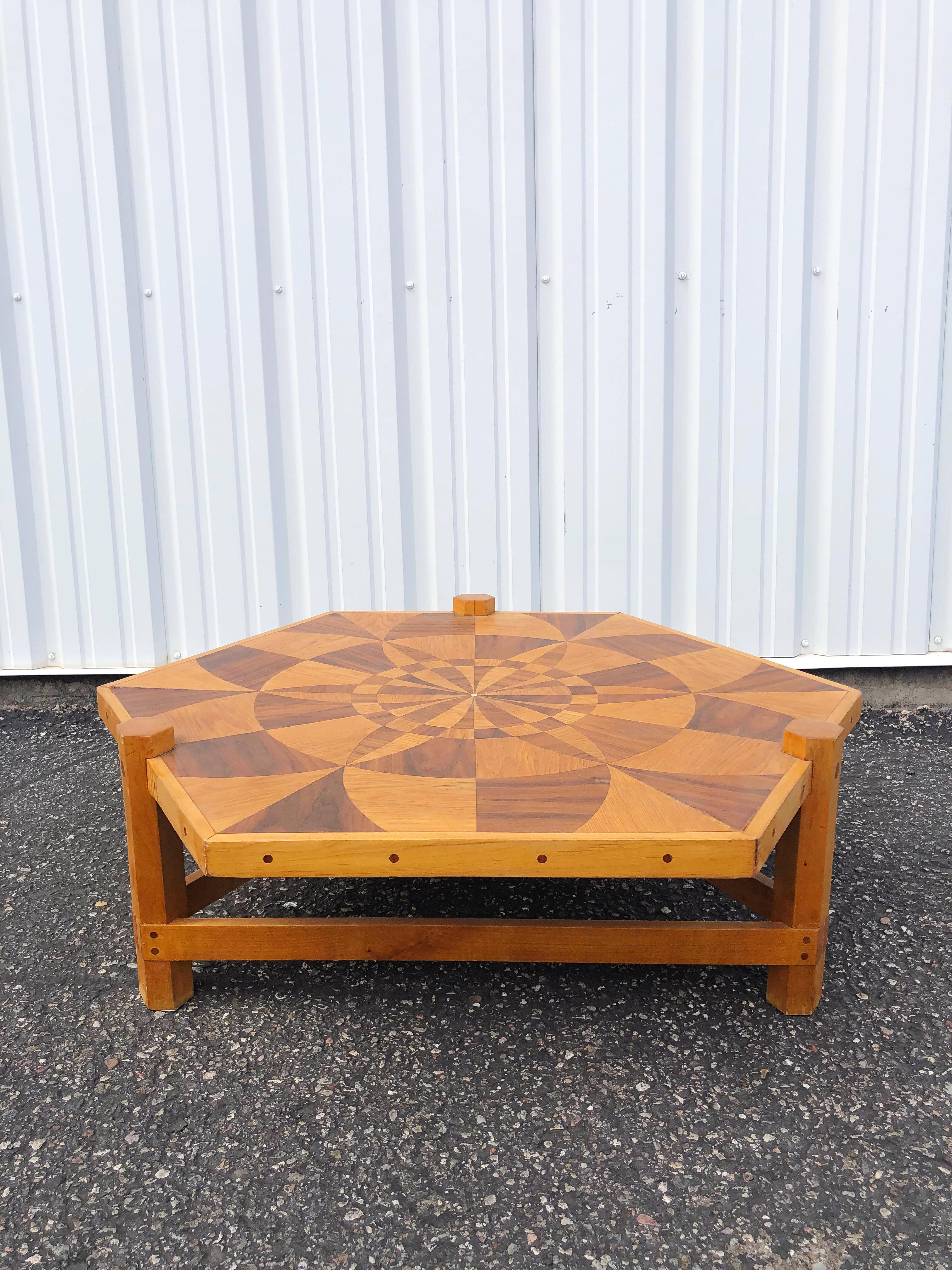 Modernist Marquetry Folk Art Wooden Inlay Coffee Table with Geometric Design For Sale 3