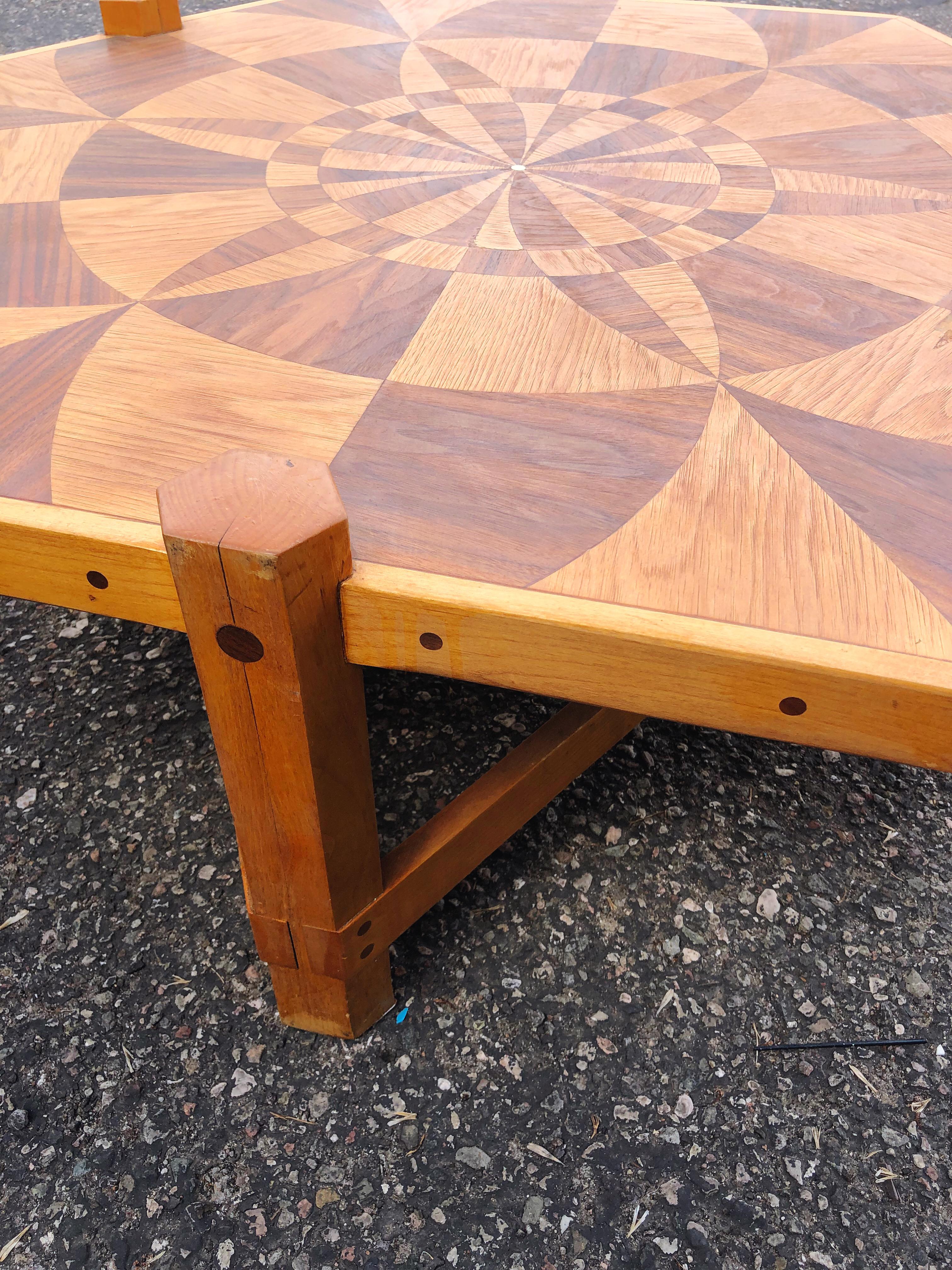 American Modernist Marquetry Folk Art Wooden Inlay Coffee Table with Geometric Design For Sale