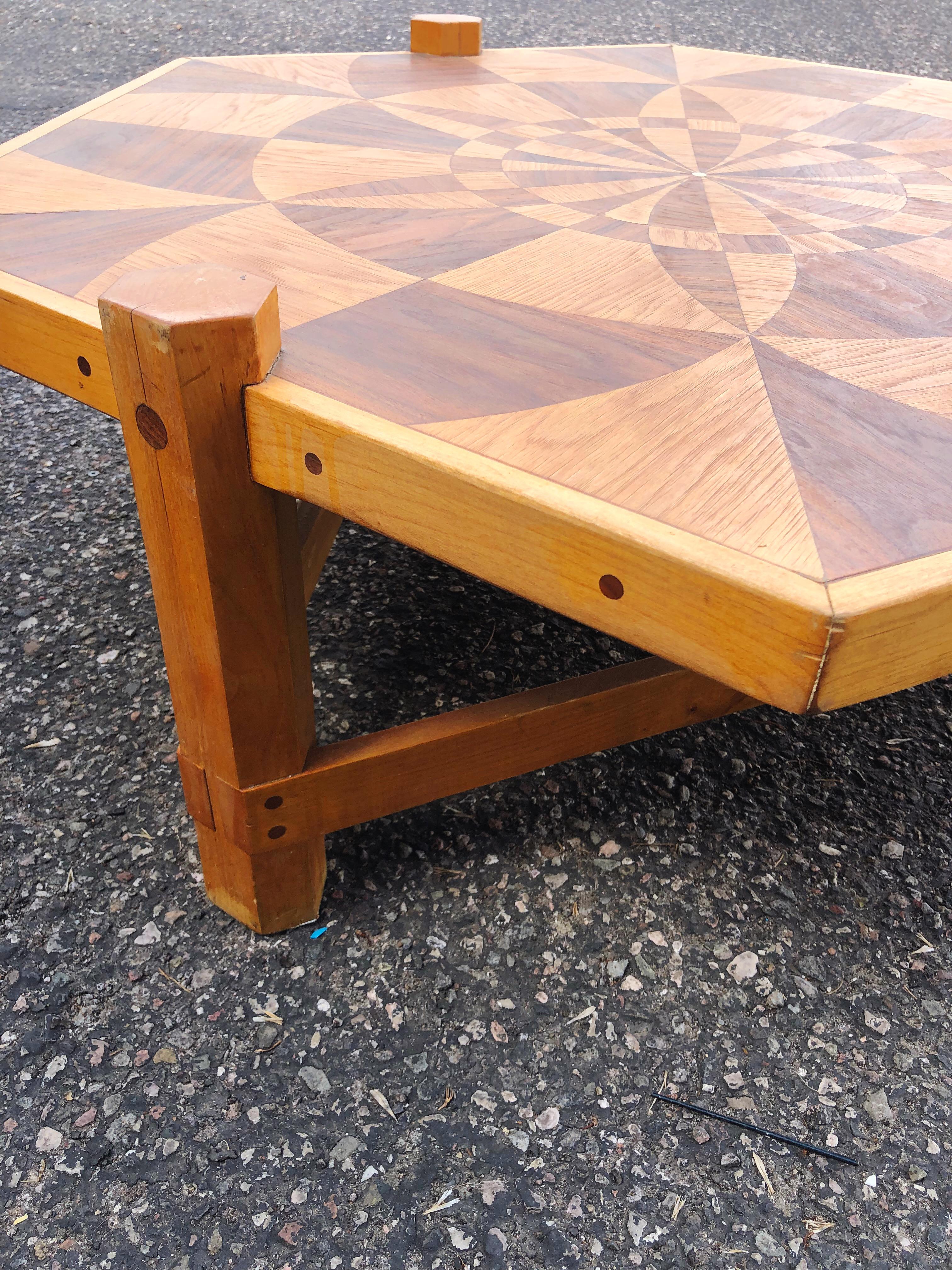 20th Century Modernist Marquetry Folk Art Wooden Inlay Coffee Table with Geometric Design For Sale