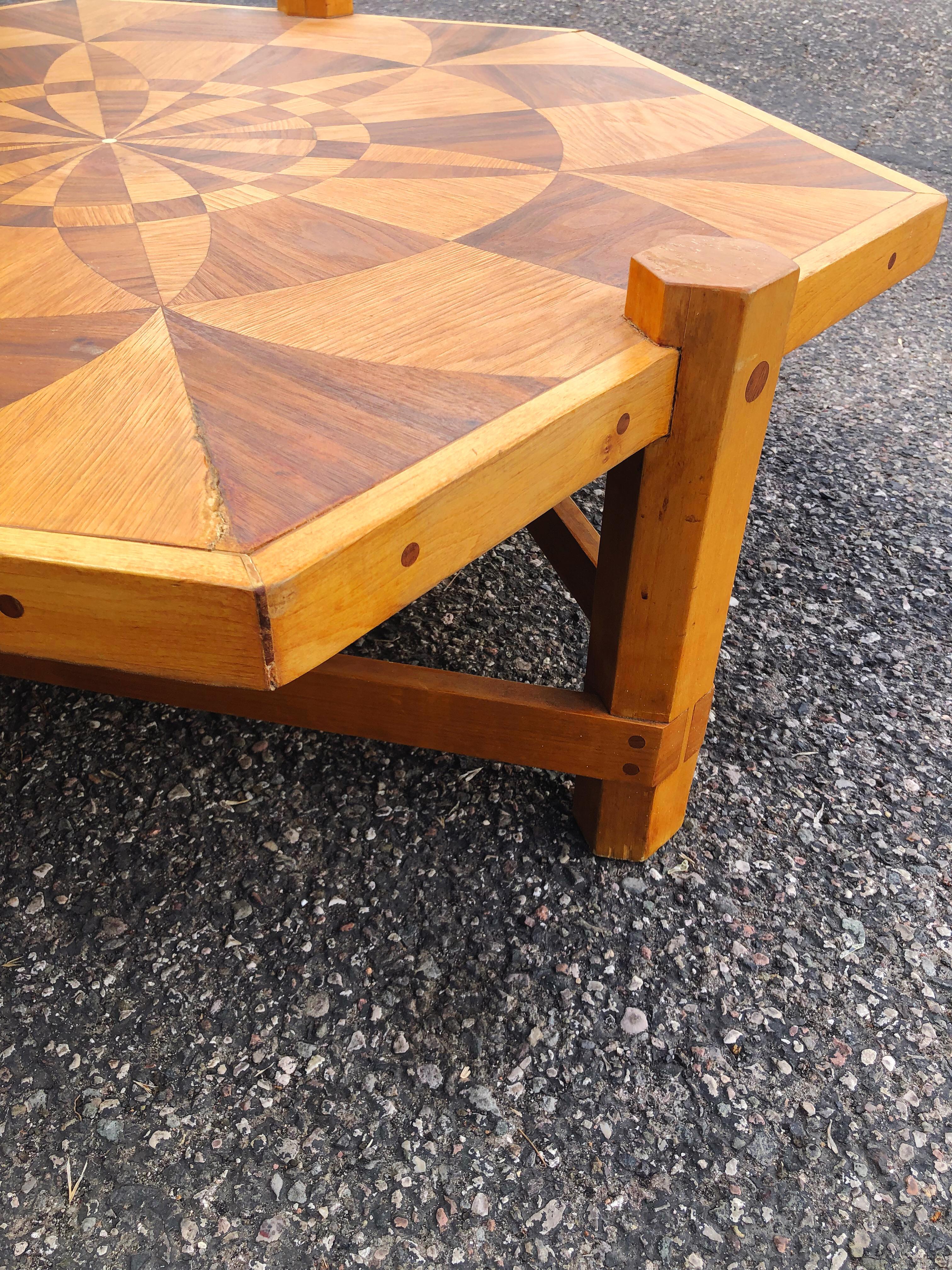Hardwood Modernist Marquetry Folk Art Wooden Inlay Coffee Table with Geometric Design For Sale