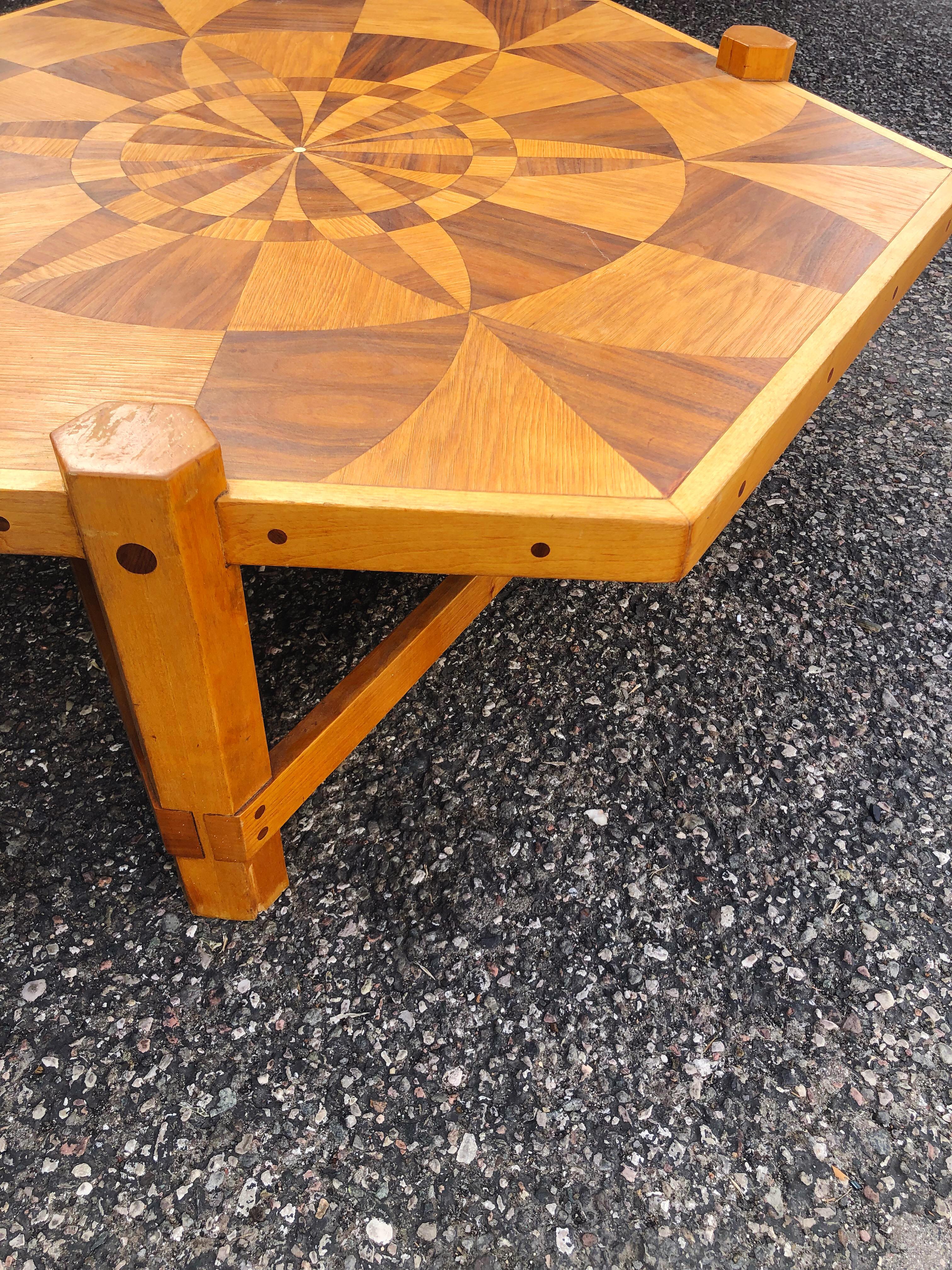 Modernist Marquetry Folk Art Wooden Inlay Coffee Table with Geometric Design For Sale 2