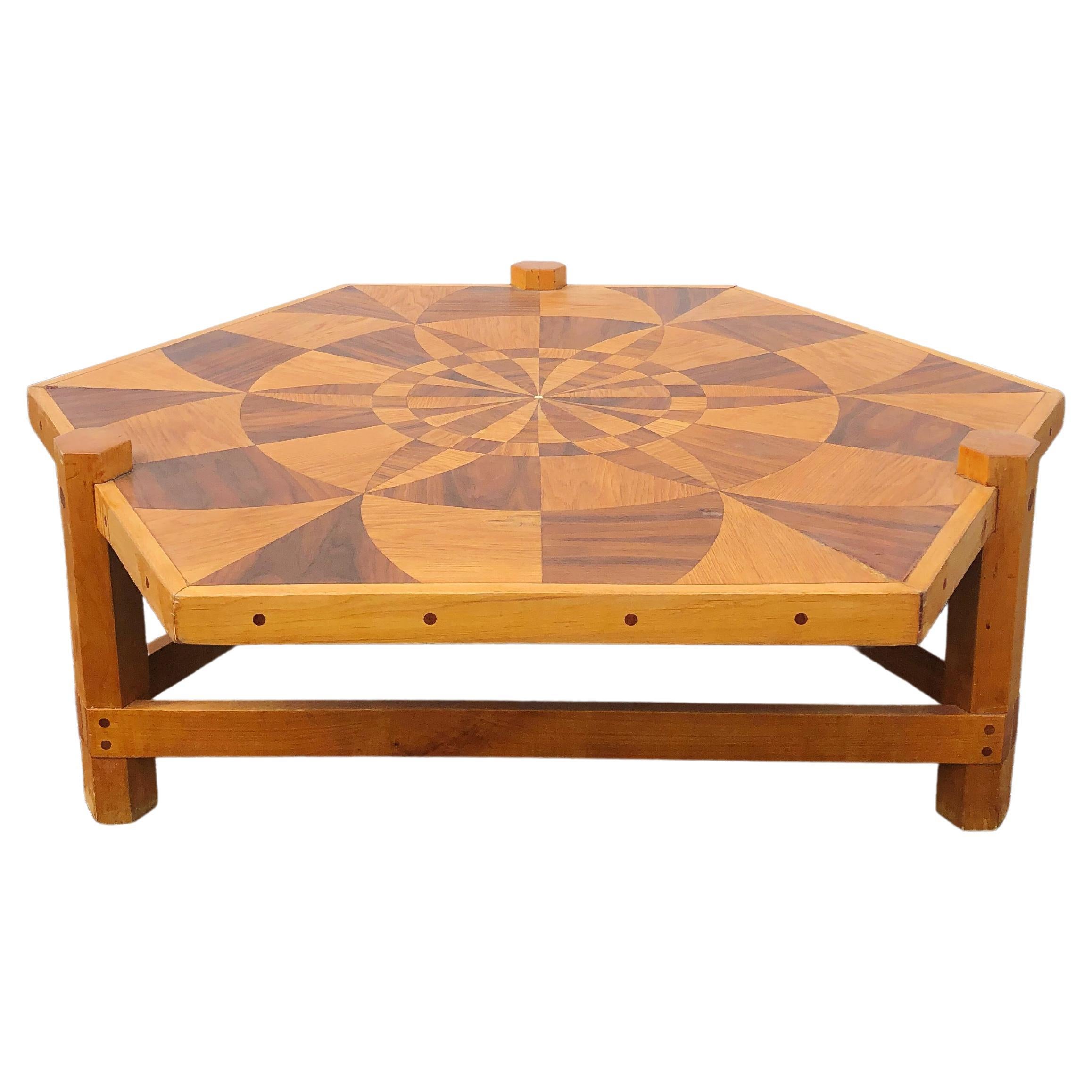 Modernist Marquetry Folk Art Wooden Inlay Coffee Table with Geometric Design For Sale