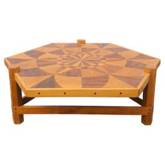 Modernist Marquetry Folk Art Wooden Inlay Coffee Table with Geometric Design