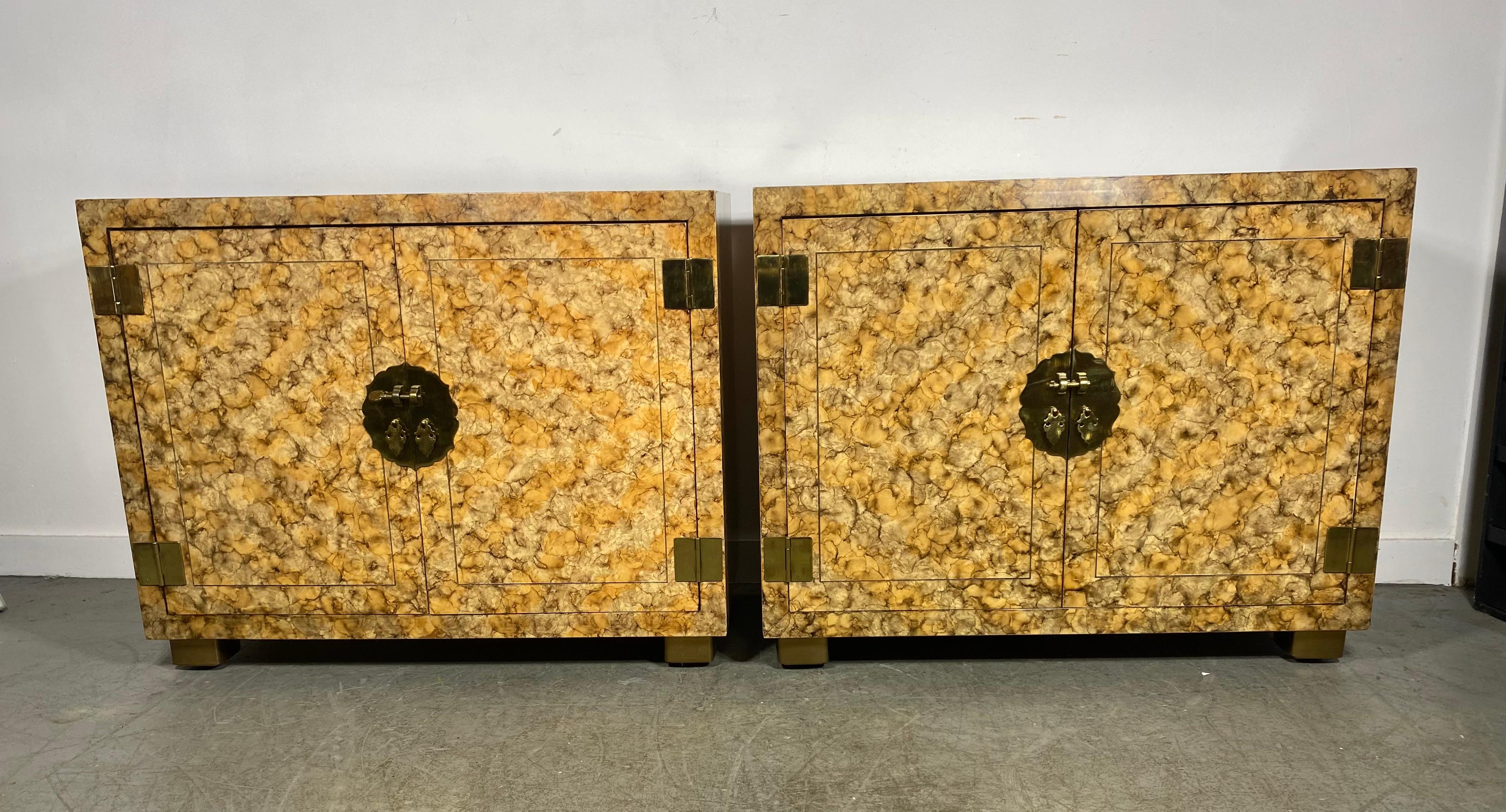 Modernist Matched Pair Asian inspired Faux Tortoise/Brass Cabinets by Henredon 8
