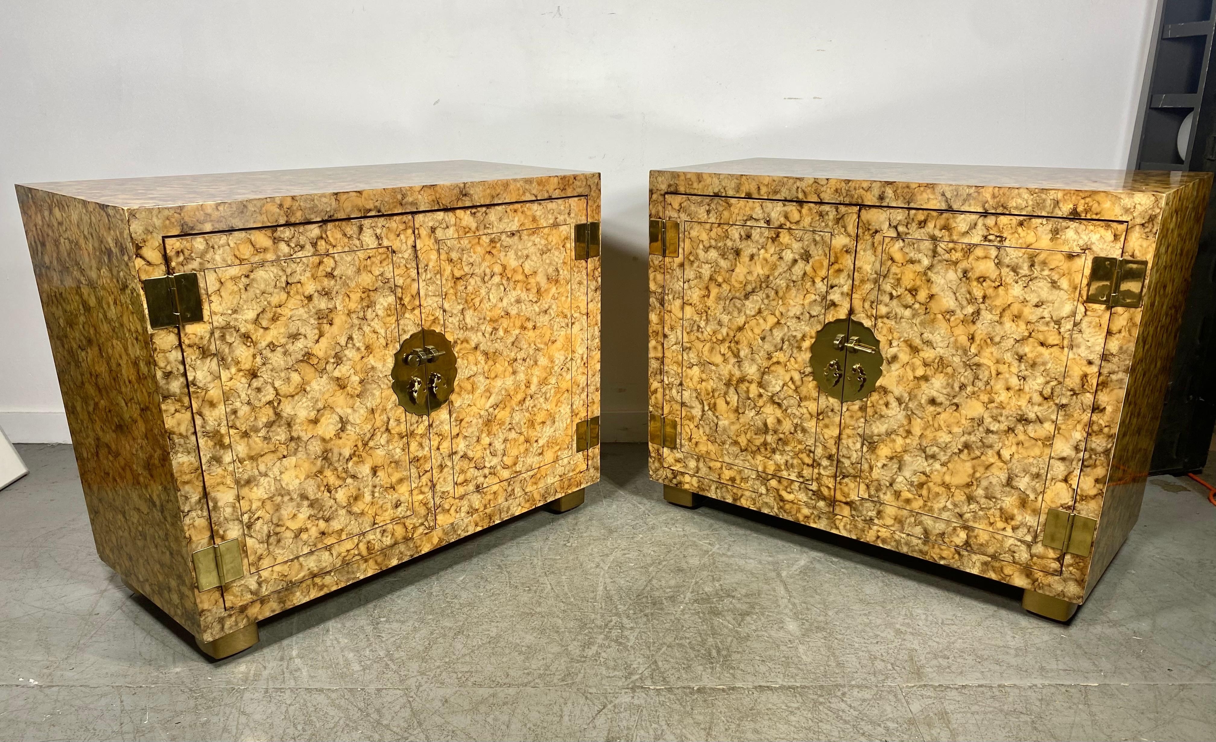 Mid-Century Modern Modernist Matched Pair Asian inspired Faux Tortoise/Brass Cabinets by Henredon