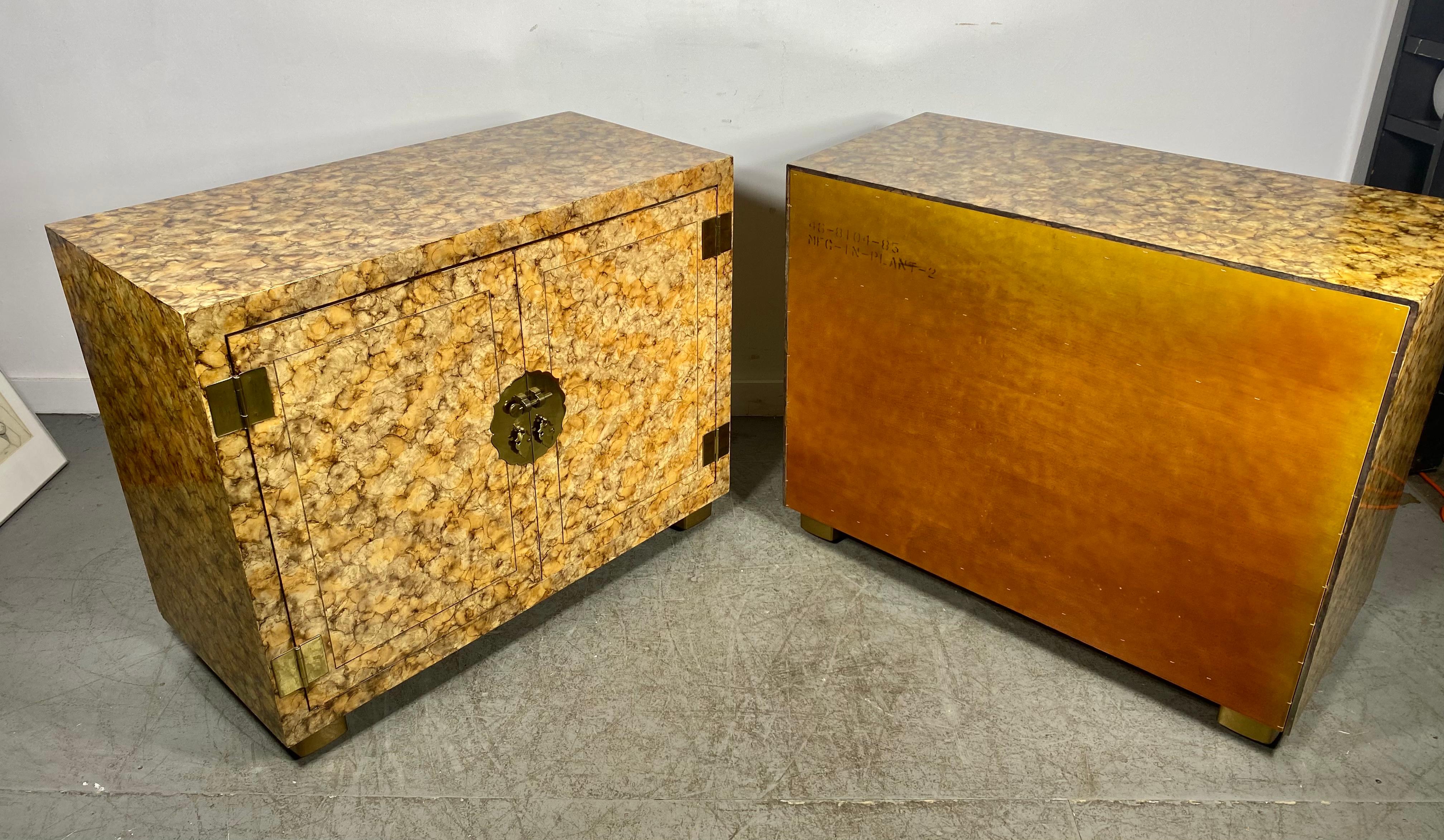 Late 20th Century Modernist Matched Pair Asian inspired Faux Tortoise/Brass Cabinets by Henredon
