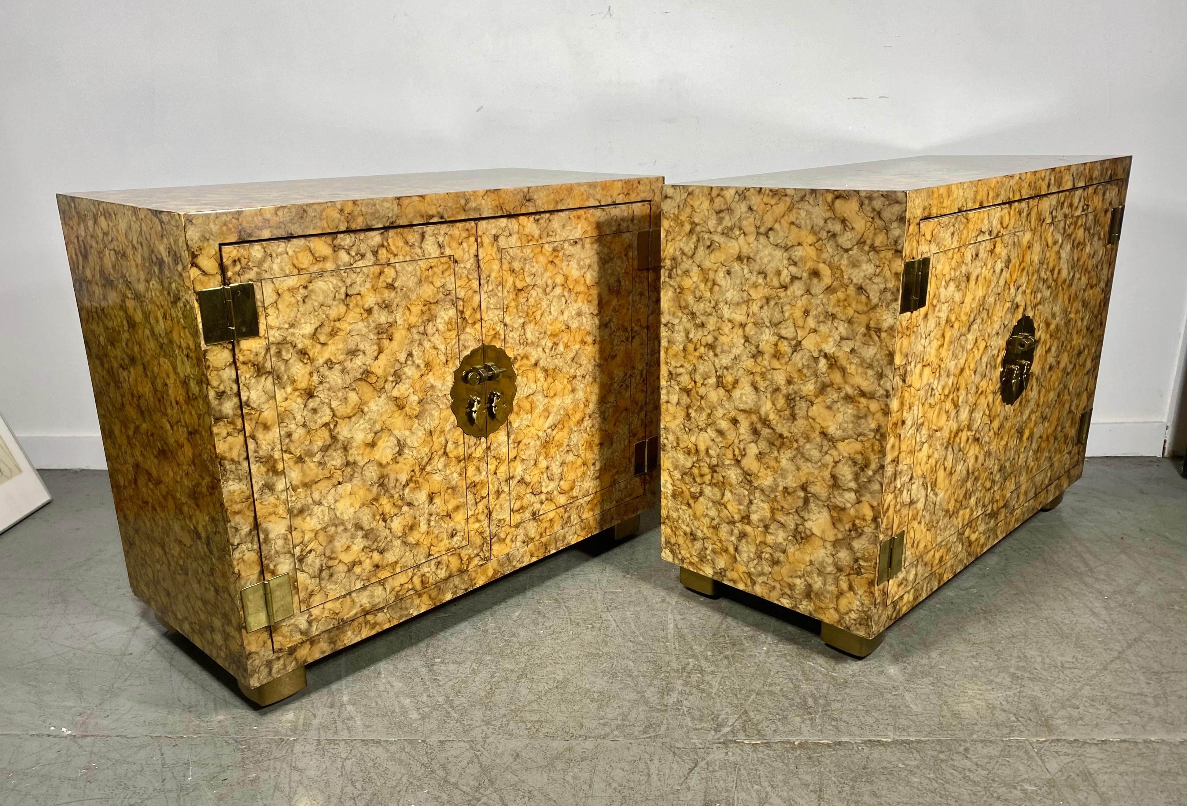 Modernist Matched Pair Asian inspired Faux Tortoise/Brass Cabinets by Henredon 1