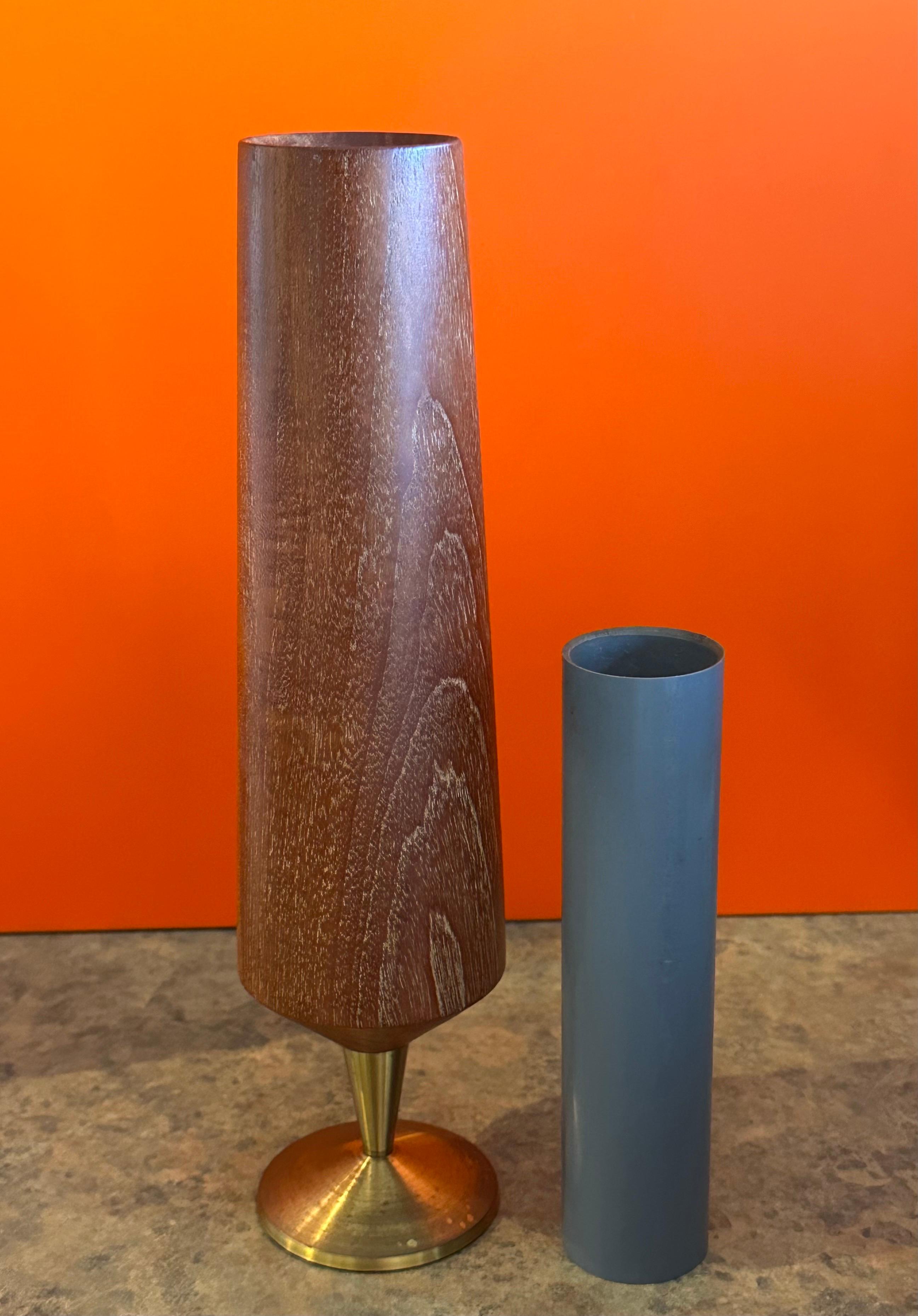 Modernist MCM Solid Teak and Brass Pedestal Vase For Sale 4