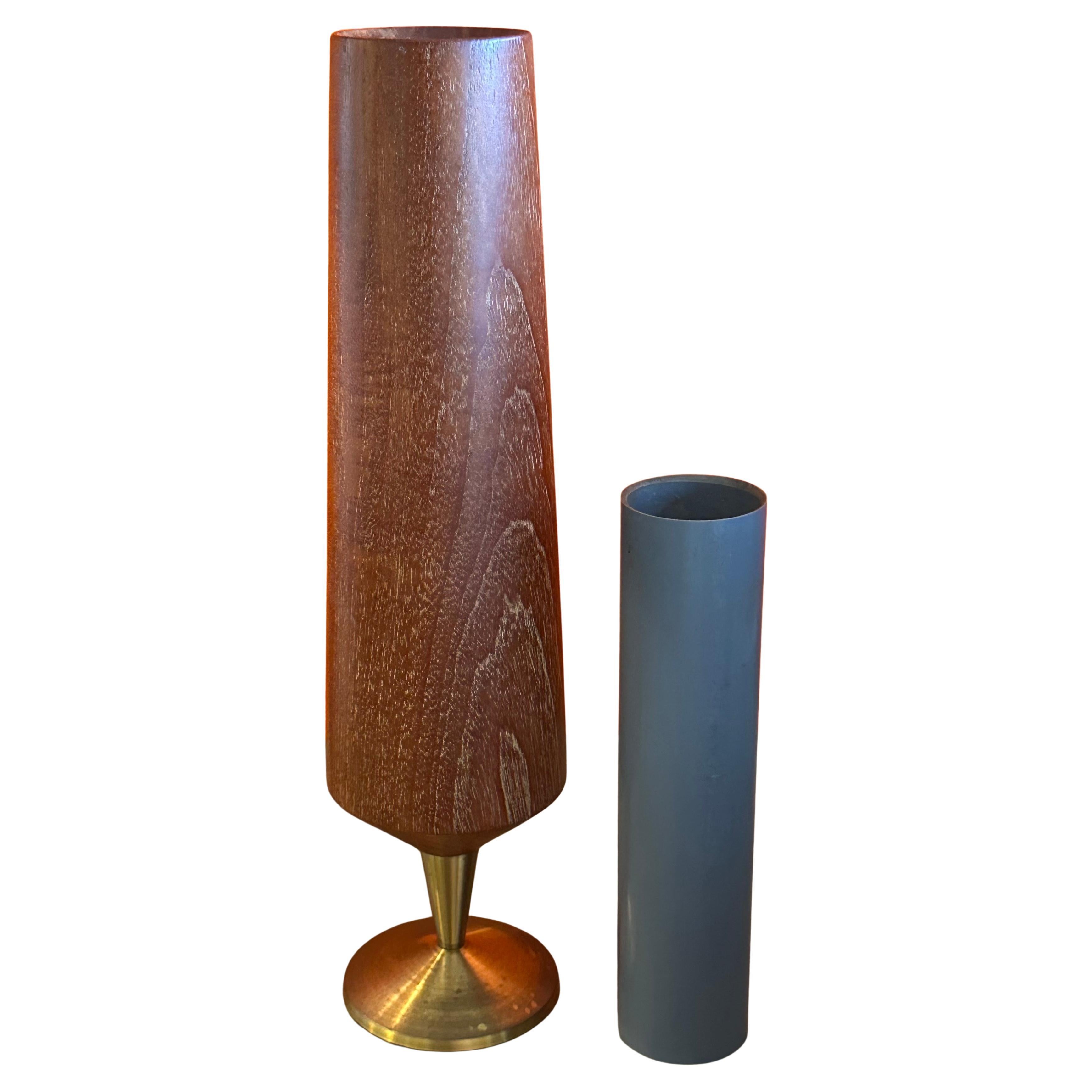 American Modernist MCM Solid Teak and Brass Pedestal Vase For Sale