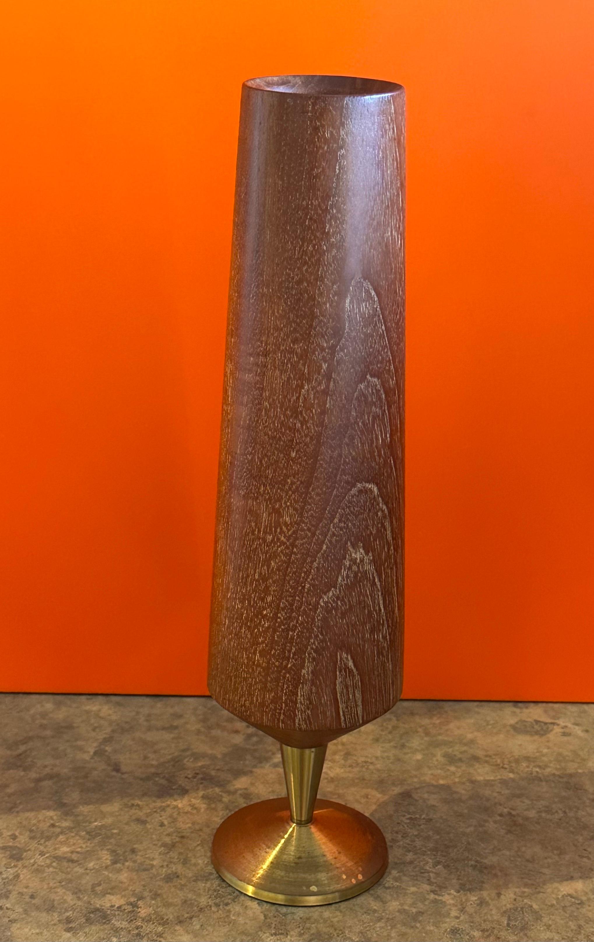 20th Century Modernist MCM Solid Teak and Brass Pedestal Vase For Sale