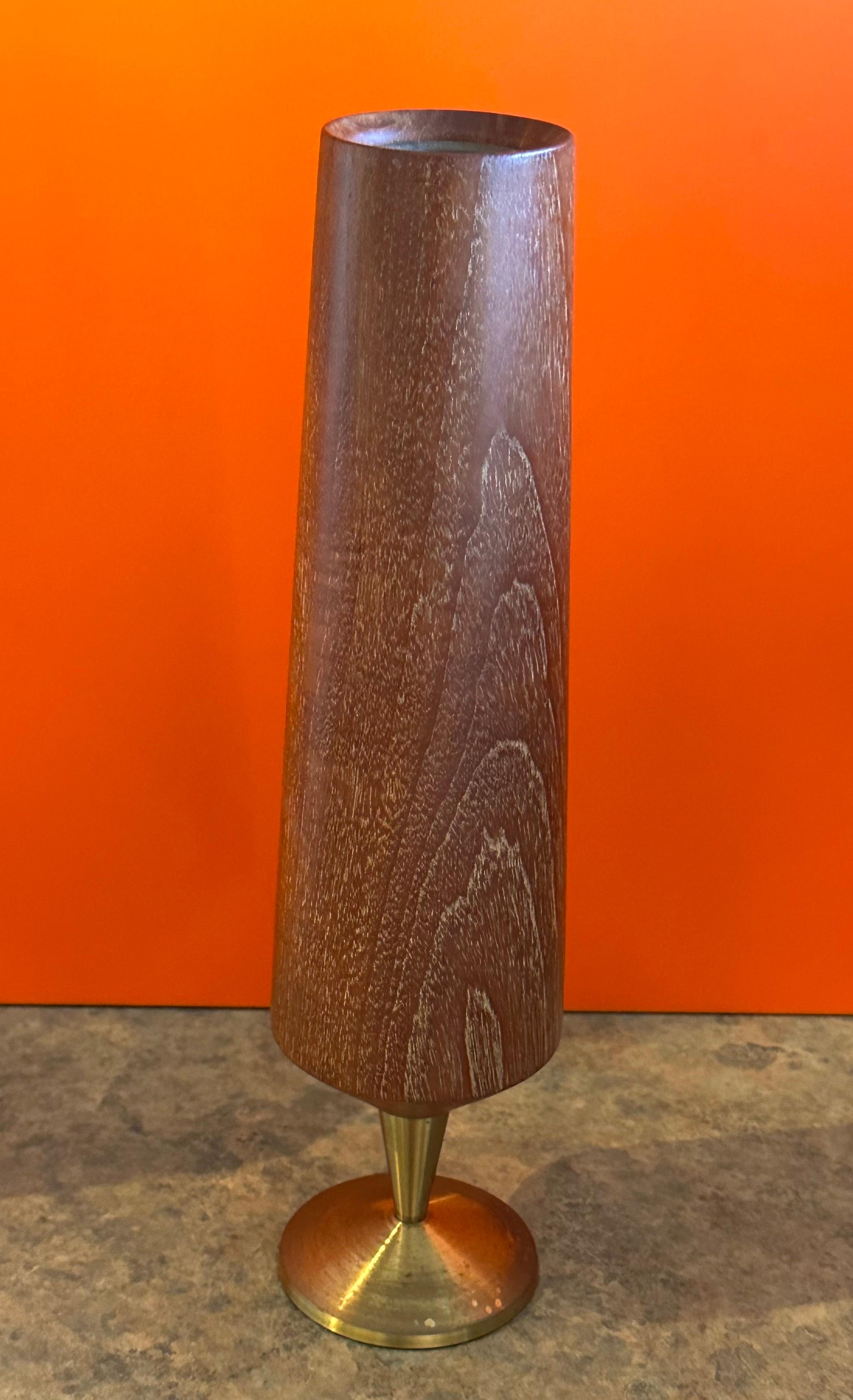 Modernist MCM Solid Teak and Brass Pedestal Vase For Sale 1