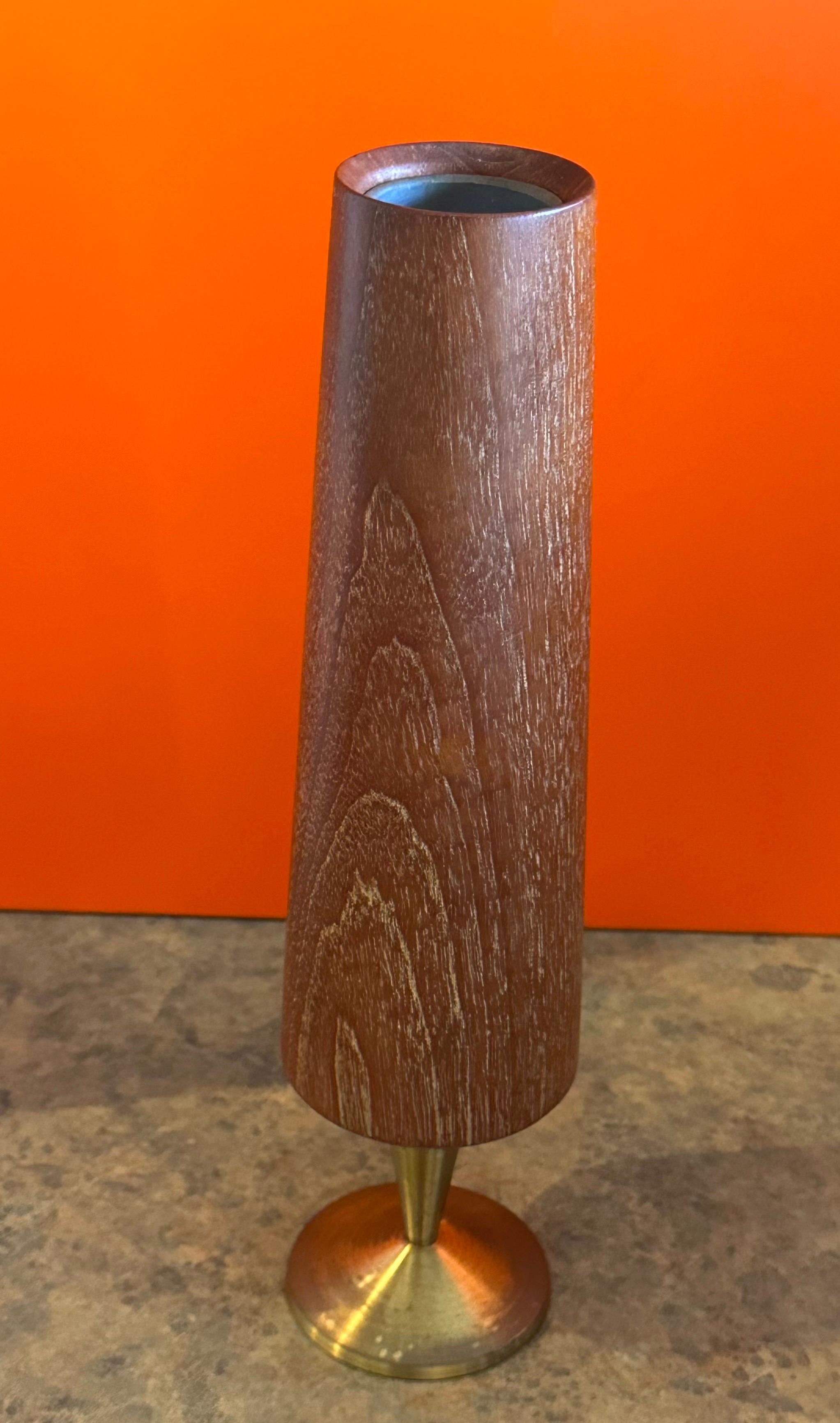 Modernist MCM Solid Teak and Brass Pedestal Vase For Sale 3