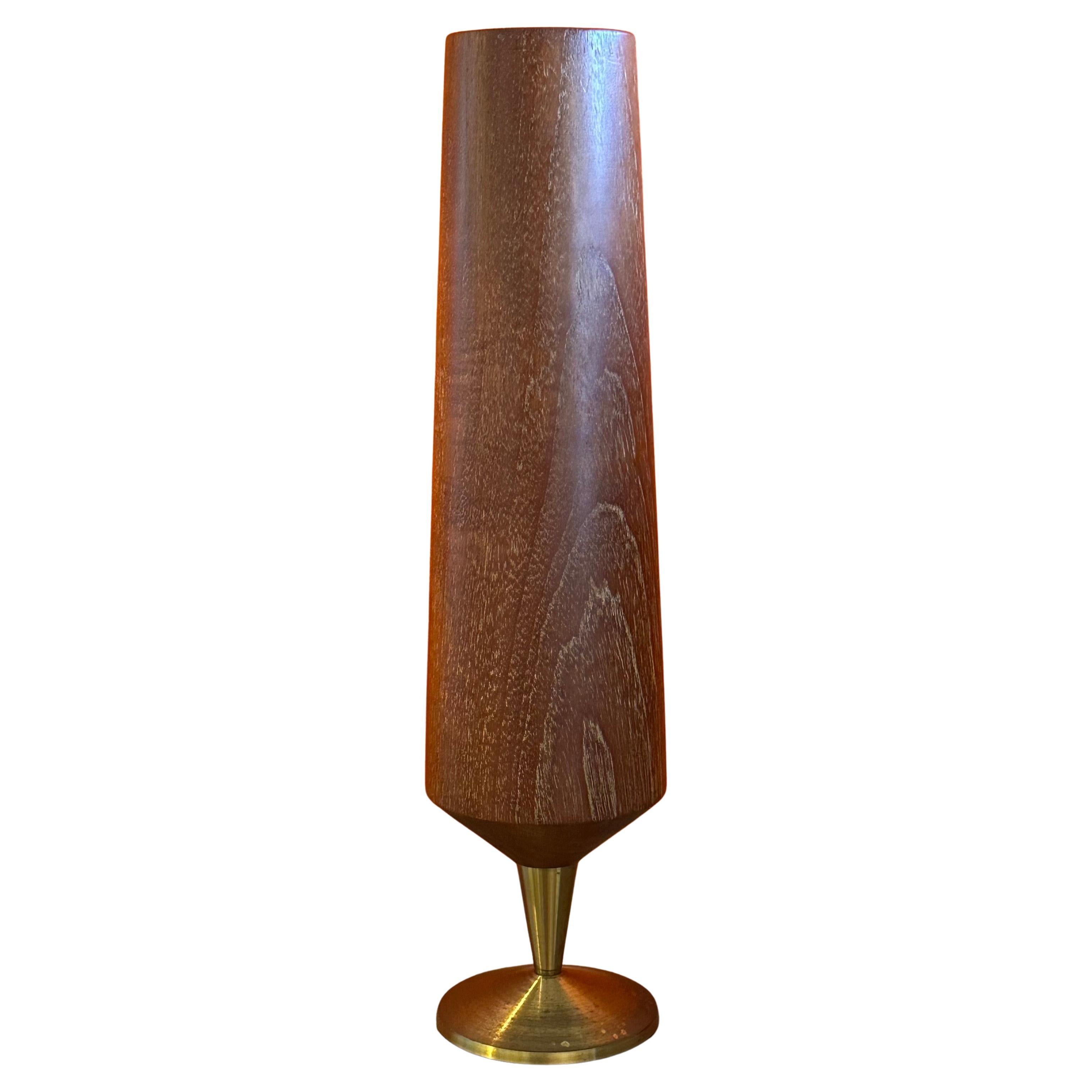 Modernist MCM Solid Teak and Brass Pedestal Vase