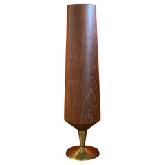 Modernist MCM Solid Teak and Brass Pedestal Vase