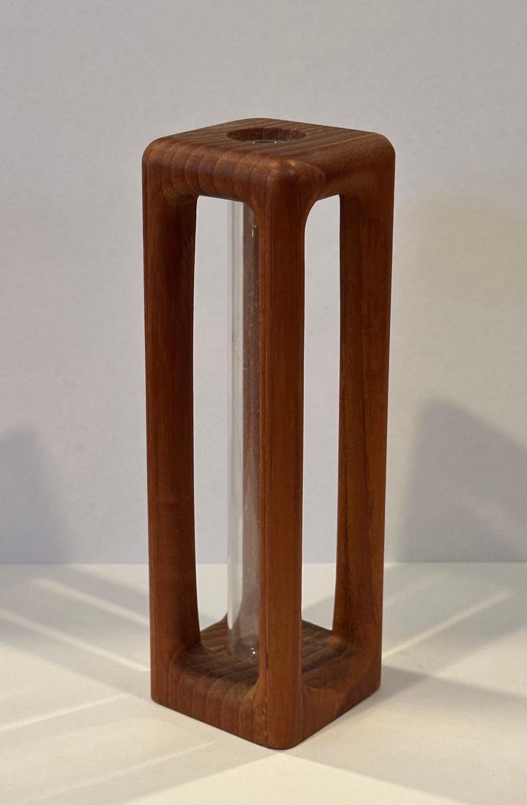 Modernist MCM Teak and Glass Bud Vase In Good Condition For Sale In San Diego, CA