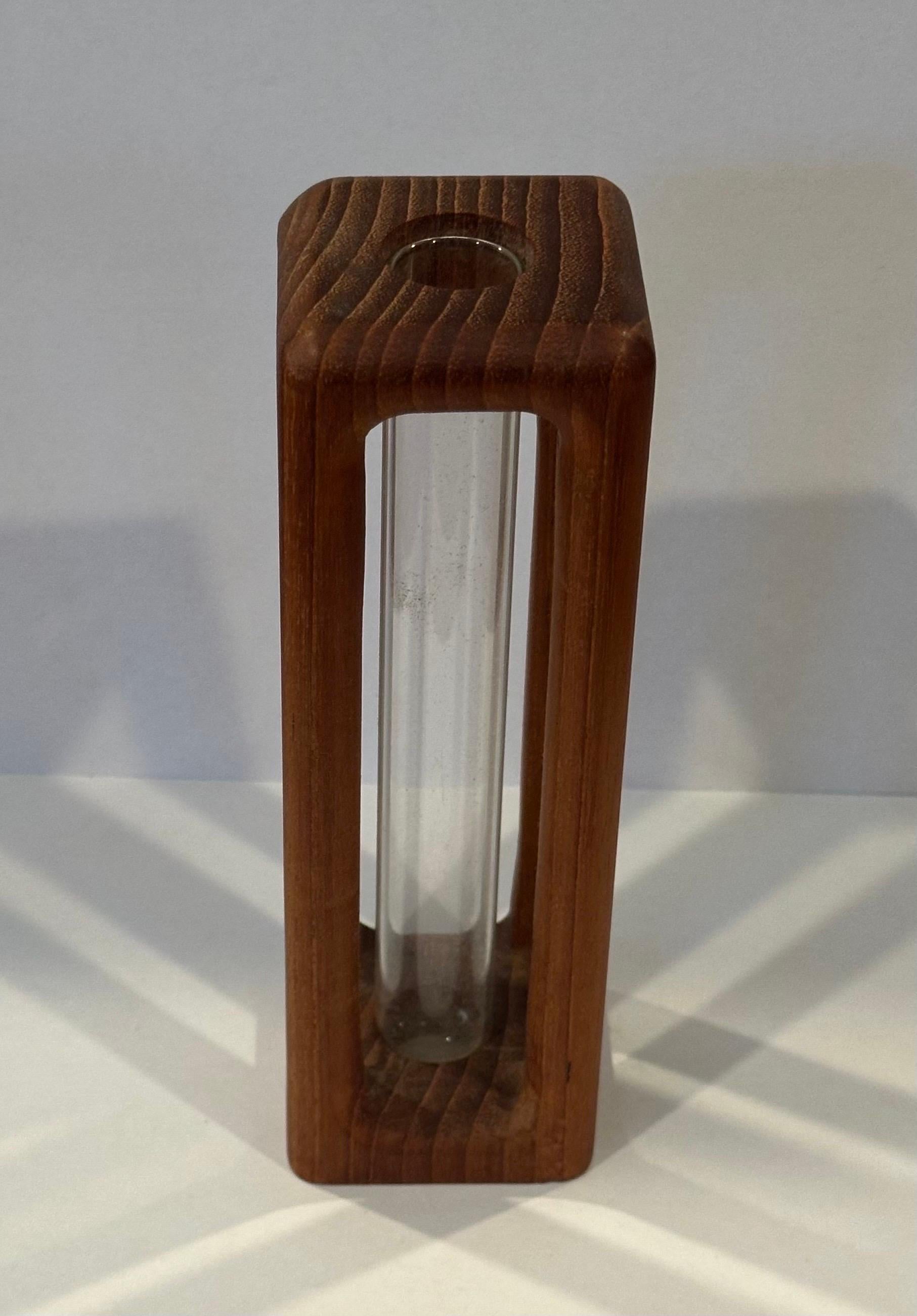 20th Century Modernist MCM Teak and Glass Bud Vase For Sale