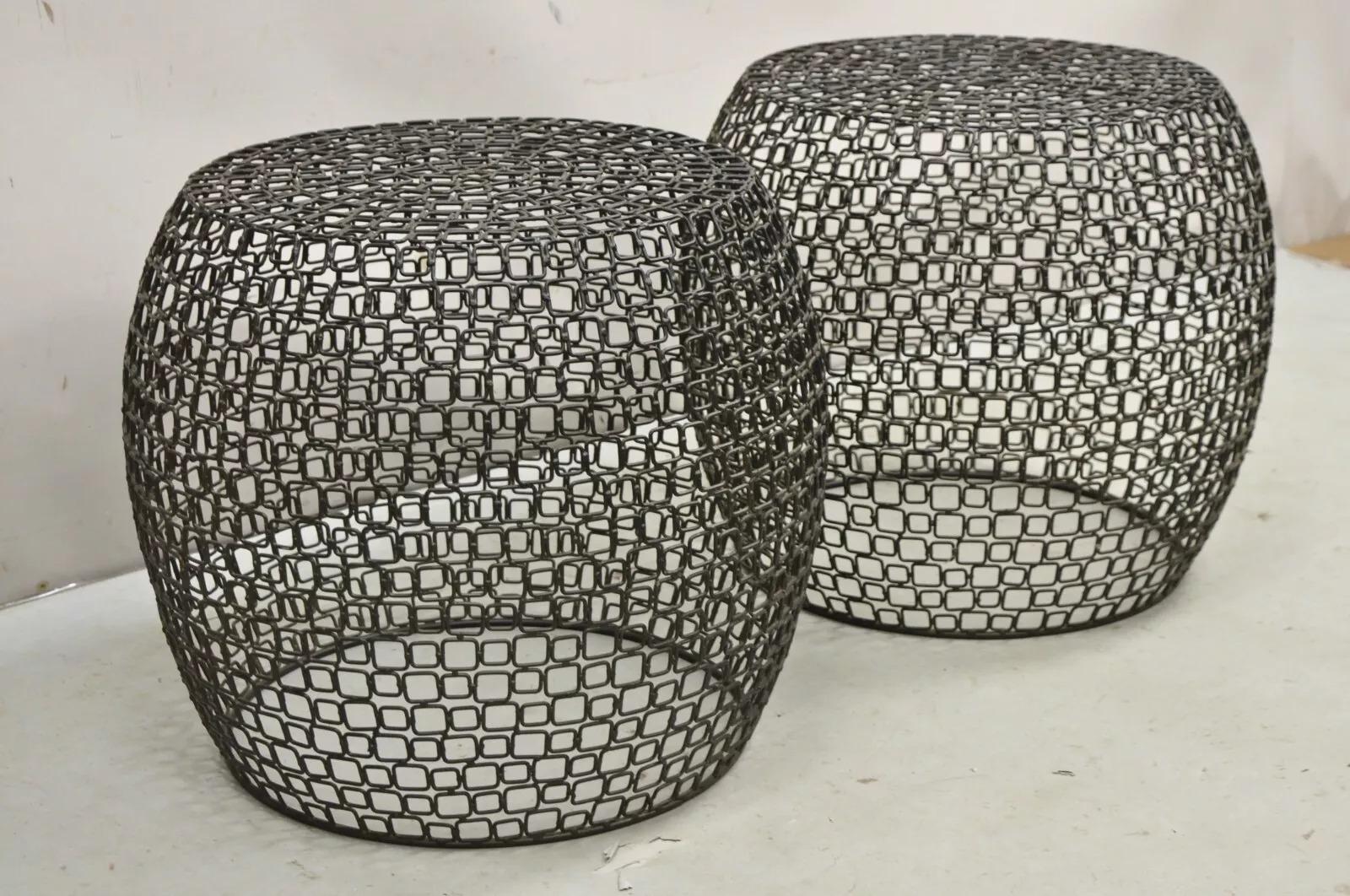 Modernist Mesh Wire Side End Table Basket Accent Stool - a Pair. Circa 21st Century. Measurements: 19
